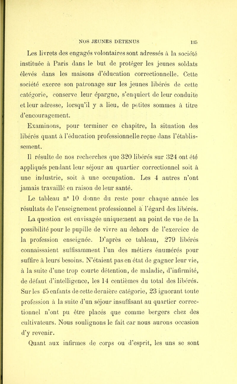 Les livrets des engagés volontaires sont adressés à la société instituée à Paris dans le but de protéger les jeunes soldats élevés dans les maisons d’éducation correctionnelle. Cette société exerce son patronage sur les jeunes libérés de cette catégorie, conserve leur épargne, s’enquiert de leur conduite et leur adresse, lorsqu’il y a lieu, de petites sommes à titre d’encouragement. Examinons, pour terminer ce chapitre, la situation des libérés quant à l’éducation professionnelle reçue dans l’établis- sement. Il résulte de nos recherches que 320 libérés sur 324 ont été appliqués pendant leur séjour au quartier correctionnel soit à une industrie, soit à une occupation. Les 4 autres n’ont jamais travaillé en raison de leur santé. Le tableau n° 10 donne du reste pour chaque année les résultats de l’enseignement professionnel à l’égard des libérés. La question est envisagée uniquement au point de vue de la possibilité pour le pupille de vivre au dehors de l’exercice de la profession enseignée. D’après ce tableau, 279 libérés connaissaient suffisamment l’un des métiers énumérés pour suffire à leurs besoins. N’étaient pas en état de gagner leur vie, à la suite d’une trop courte détention, de maladie, d’infirmité, de défaut d’intelligence, les 14 centièmes du total des libérés. Sur les 45 enfants de cette dernière catégorie, 23 ignorant toute profession à la suite d’un séjour insuffisant au quartier correc- tionnel n’ont pu être placés que comme bergers chez des cultivateurs. Nous soulignons le fait car nous aurons occasion d’y revenir. Quant aux infirmes de corps ou d’esprit, les uns se sont