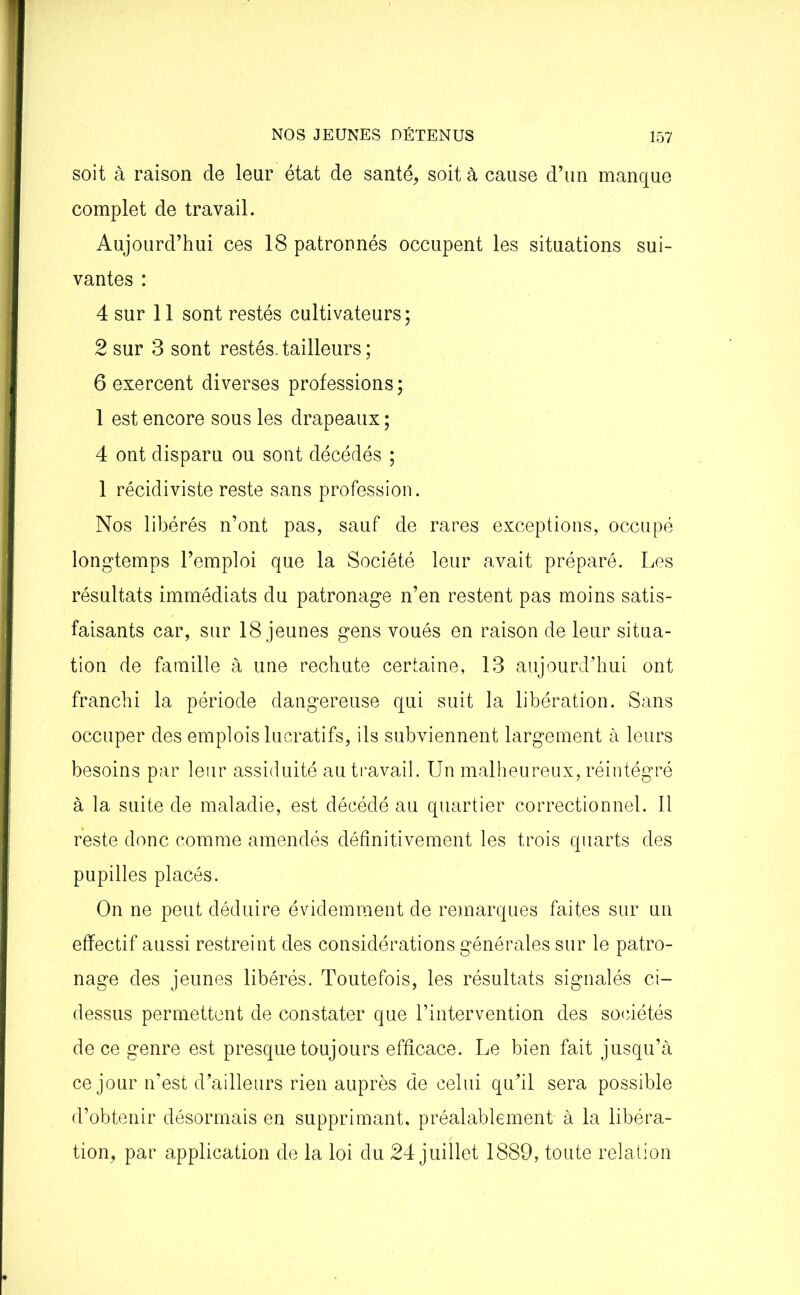 soit à raison de leur état de santé, soit à cause d’un manque complet de travail. Aujourd’hui ces 18 patronnés occupent les situations sui- vantes : 4 sur 11 sont restés cultivateurs; 2 sur 3 sont restés.tailleurs; 6 exercent diverses professions; 1 est encore sous les drapeaux ; 4 ont disparu ou sont décédés ; 1 récidiviste reste sans profession. Nos libérés n’ont pas, sauf de rares exceptions, occupé longtemps l’emploi que la Société leur avait préparé. Les résultats immédiats du patronage n’en restent pas moins satis- faisants car, sur 18 jeunes gens voués en raison de leur situa- tion de famille à une rechute certaine, 13 aujourd’hui ont franchi la période dangereuse qui suit la libération. Sans occuper des emplois lucratifs, ils subviennent largement à leurs besoins par leur assiduité au travail. Un malheureux, réintégré à la suite de maladie, est décédé au quartier correctionnel. Il reste donc comme amendés définitivement les trois quarts des pupilles placés. On ne peut déduire évidemment de remarques faites sur un effectif aussi restreint des considérations générales sur le patro- nage des jeunes libérés. Toutefois, les résultats signalés ci- dessus permettent de constater que l’intervention des sociétés de ce genre est presque toujours efficace. Le bien fait jusqu’à ce jour n’est d’ailleurs rien auprès de celui qu’il sera possible d’obtenir désormais en supprimant, préalablement à la libéra- tion, par application de la loi du 24 juillet 1889, toute relation