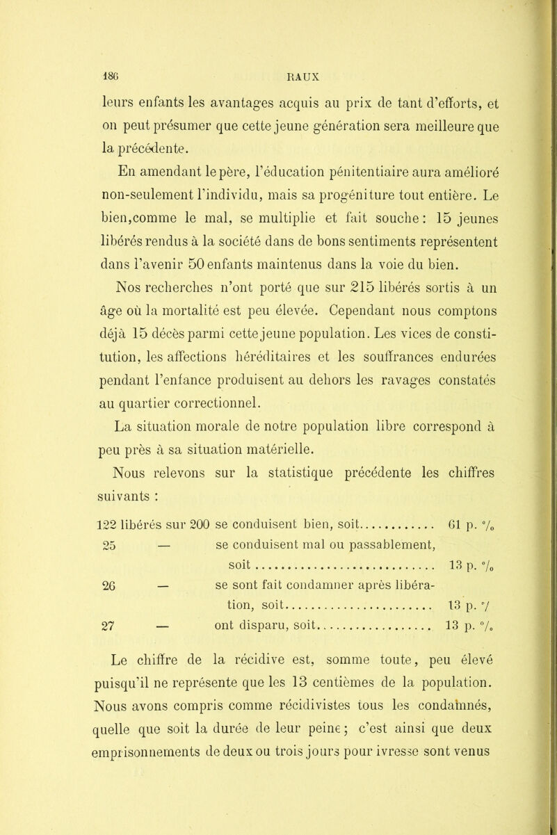 leurs enfants les avantages acquis au prix de tant d’efforts, et on peut présumer que cette jeune génération sera meilleure que la précédente. En amendant le père, l’éducation pénitentiaire aura amélioré non-seulement l’individu, mais sa progéniture tout entière. Le bien,comme le mal, se multiplie et fait souche : 15 jeunes libérés rendus à la société dans de bons sentiments représentent dans l’avenir 50 enfants maintenus dans la voie du bien. Nos recherches n’ont porté que sur 215 libérés sortis à un âge où la mortalité est peu élevée. Cependant nous comptons déjà 15 décès parmi cette jeune population. Les vices de consti- tution, les affections héréditaires et les souffrances endurées pendant l’enfance produisent au dehors les ravages constatés au quartier correctionnel. La situation morale de notre population libre correspond à peu près à sa situation matérielle. Nous relevons sur la statistique précédente les chiffres suivants : 122 libérés sur 200 se conduisent bien, soit 61 p. % 25 — se conduisent mal ou passablement, soit 13 p. % 26 — se sont fait condamner après libéra- tion, soit 13 p. 7 27 — ont disparu, soit 13 p. % Le chiffre de la récidive est, somme toute, peu élevé puisqu’il ne représente que les 13 centièmes de la population. Nous avons compris comme récidivistes tous les condahmés, quelle que soit la durée de leur peine ; c’est ainsi que deux empr isonnements de deux ou trois jours pour ivresse sont venus