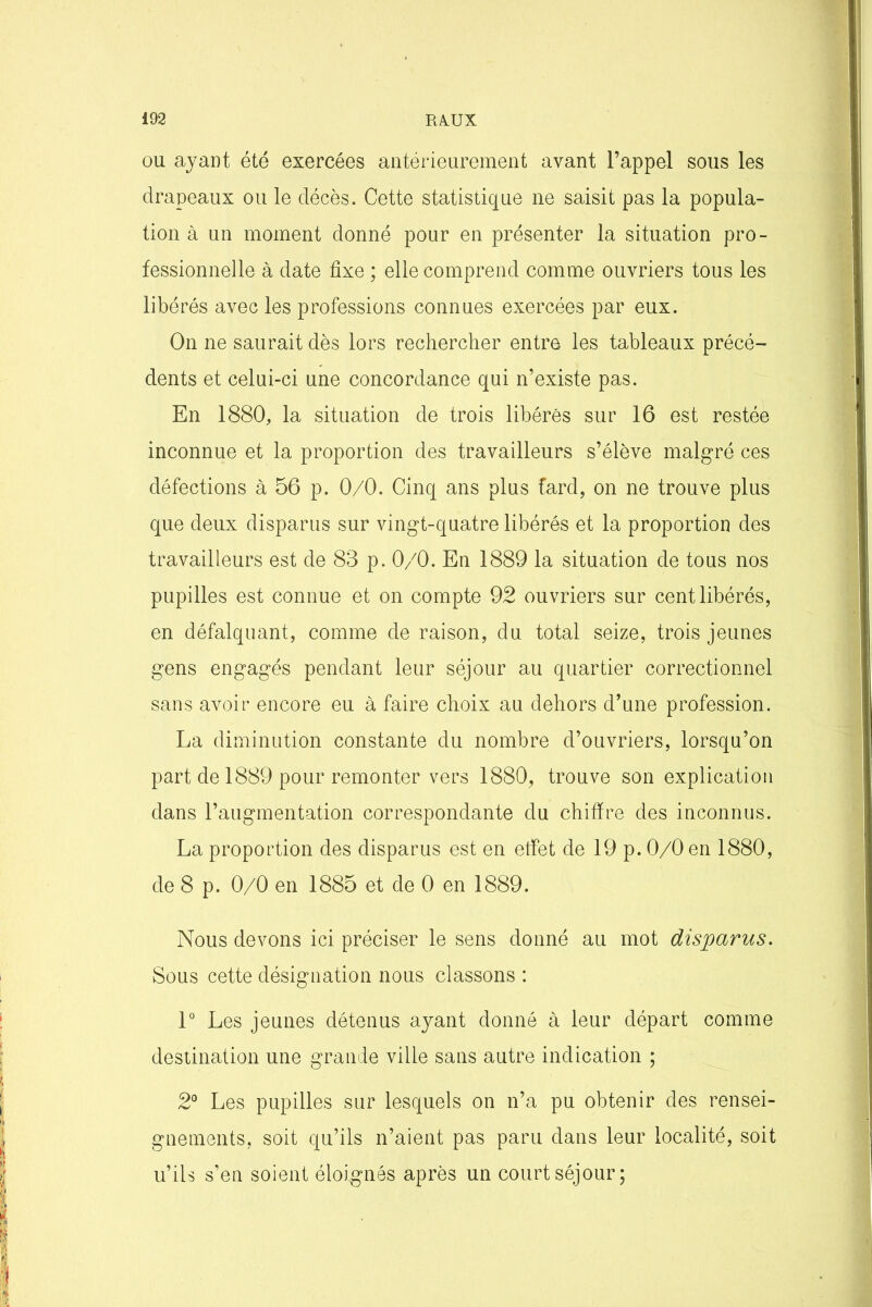 ou ayant été exercées antérieurement avant l’appel sous les drapeaux ou le décès. Cette statistique ne saisit pas la popula- tion à un moment donné pour en présenter la situation pro- fessionnelle à date fixe ; elle comprend comme ouvriers tous les libérés avec les professions connues exercées par eux. On ne saurait dès lors rechercher entre les tableaux précé- dents et celui-ci une concordance qui n’existe pas. En 1880, la situation de trois libérés sur 16 est restée inconnue et la proportion des travailleurs s’élève malgré ces défections à 56 p. 0/0. Cinq ans plus fard, on ne trouve plus que deux disparus sur vingt-quatre libérés et la proportion des travailleurs est de 83 p. 0/0. En 1889 la situation de tous nos pupilles est connue et on compte 92 ouvriers sur cent libérés, en défalquant, comme de raison, du total seize, trois jeunes gens engagés pendant leur séjour au quartier correctionnel sans avoir encore eu à faire choix au dehors d’une profession. La diminution constante du nombre d’ouvriers, lorsqu’on part de 1889 pour remonter vers 1880, trouve son explication dans l’augmentation correspondante du chiffre des inconnus. La proportion des disparus est en effet de 19 p. 0/0 en 1880, de 8 p. 0/0 en 1885 et de 0 en 1889. Nous devons ici préciser le sens donné au mot disparus. Sous cette désignation nous classons : 1° Les jeunes détenus ayant donné à leur départ comme destination une grande ville sans autre indication ; 2° Les pupilles sur lesquels on n’a pu obtenir des rensei- gnements, soit qu’ils n’aient pas paru dans leur localité, soit u’ils s’en soient éloignés après un court séjour;