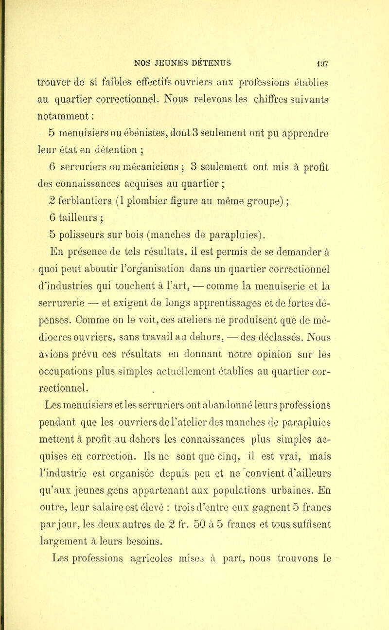trouver de si faibles effectifs ouvriers aux professions établies au quartier correctionnel. Nous relevons les chiffres suivants notamment : 5 menuisiers ou ébénistes, dont 3 seulement ont pu apprendre leur état en détention ; 6 serruriers ou mécaniciens ; 3 seulement ont mis à profit des connaissances acquises au quartier ; 2 ferblantiers (1 plombier figure au même groupe) ; 6 tailleurs ; 5 polisseurs sur bois (manches de parapluies). En présence de tels résultats, il est permis de se demander à quoi peut aboutir l’organisation dans un quartier correctionnel d’industries qui touchent à l’art, — comme la menuiserie et la serrurerie —- et exigent de longs apprentissages et de fortes dé- penses. Comme on le voit, ces ateliers ne produisent que de mé- diocres ouvriers, sans travail au dehors, —des déclassés. Nous avions prévu ces résultats en donnant notre opinion sur les occupations plus simples actuellement établies au quartier cor- rectionnel. Les menuisiers et les serruriers ont abandonné leurs professions pendant que les ouvriers de l’atelier des manches de parapluies mettent à profit au dehors les connaissances plus simples ac- quises en correction. Ils ne sont que cinq, il est vrai, mais l’industrie est organisée depuis peu et ne convient d’ailleurs qu’aux jeunes gens appartenant aux populations urbaines. En outre, leur salaire est élevé : trois d’entre eux gagnent 5 francs par jour, les deux autres de 2 fr. 50 à 5 francs et tous suffisent largement à leurs besoins. Les professions agricoles mises à part, nous trouvons le