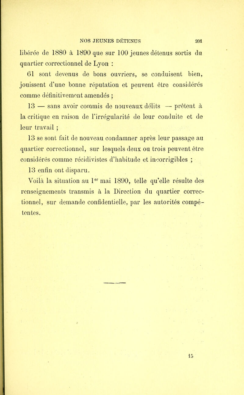 libérée de 1880 à 1890 que sur 100 jeunes détenus sortis du quartier correctionnel de Lyon : 61 sont devenus de bons ouvriers, se conduisent bien, jouissent d’une bonne réputation et peuvent être considérés comme définitivement amendés ; 13 — sans avoir commis de nouveaux délits —- prêtent à la critique en raison de l’irrégularité de leur conduite et de leur travail ; 13 se sont fait de nouveau condamner après leur passage au quartier correctionnel, sur lesquels deux ou trois peuvent être considérés comme récidivistes d’habitude et incorrigibles ; 13 enfin ont disparu. Voilà la situation au 1er mai 1890, telle qu’elle résulte des renseignements transmis à la Direction du quartier correc- tionnel, sur demande confidentielle, par les autorités compé- tentes. 15