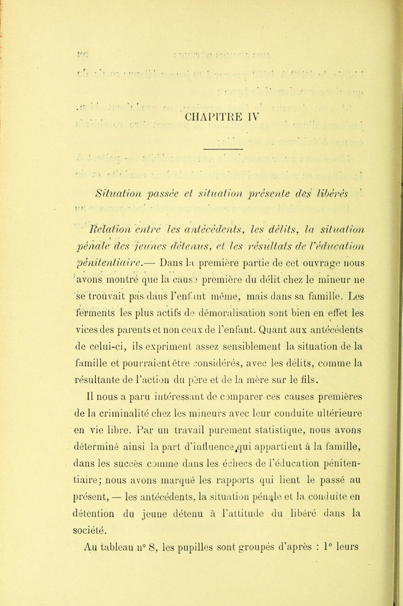 Situation passée et situation présente des libérés ?; i>. r , .p: - - r : Relation entre les antécédents, les délits, la situation pénale des jeunes détenus, et les résultats de Véducation pénitentiaire.— Dans la première partie de cet ouvrage nous avons montré que la causé première du délit chez le mineur 11e se trouvait pas dans Tentant même, mais dans sa famille. Les ferments les plus actifs de démoralisation sont bien en effet les vices des parents et non ceux de l’enfant. Quant aux antécédents de celui-ci, ils expriment assez sensiblement la situation de la famille et pourraient être considérés, avec les délits, comme la résultante de l’action du père et de la mère sur le fils. Il nous a paru intéressant de comparer ces causes premières de la criminalité chez les mineurs avec leur conduite ultérieure en vie libre. Par un travail purement statistique, nous avons déterminé ainsi la part d’influence.qui appartient à la famille, dans les succès comme dans les échecs de l’éducation péniten- tiaire; nous avons marqué les rapports qui lient le passé au présent, — les antécédents, la situation pénqle et la conduite en détention du jeune détenu à l’attitude du libéré dans la société. Au tableau n° 8, les pupilles sont groupés d’après : 1° leurs