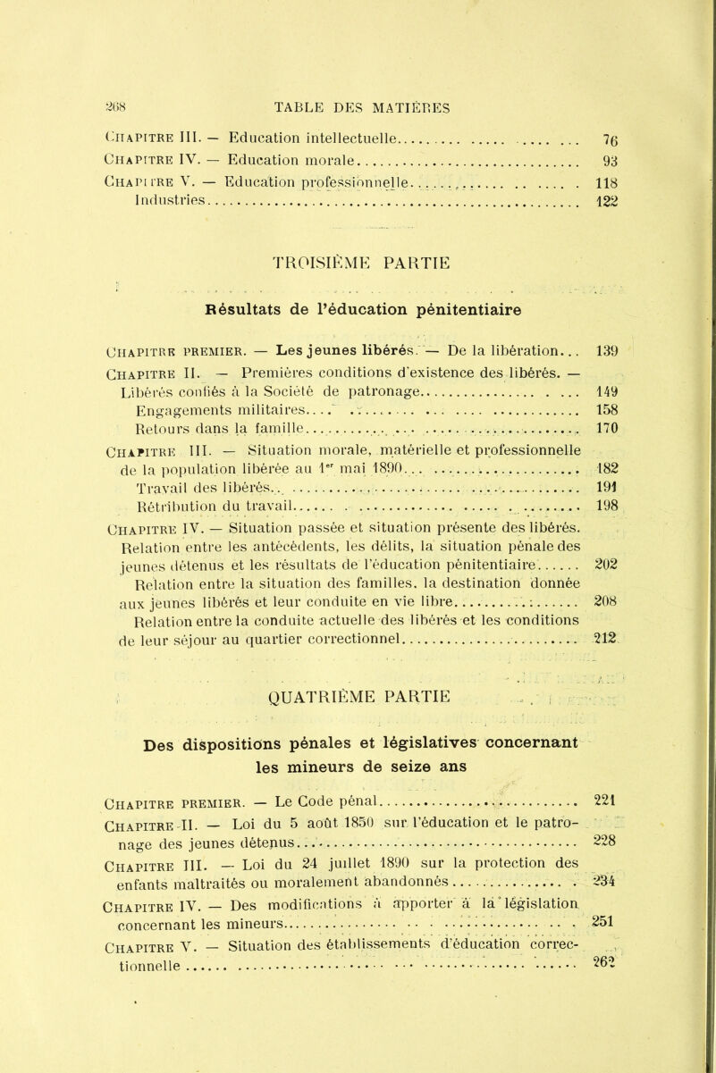 Chapitre III. — Education intellectuelle 7g Chapitre IV. — Education morale 93 Chapi tre V. — Education professionnelle # . 118 Industries 122 TROISIÈME PARTIE Résultats de l’éducation pénitentiaire Chapitre premier. — Les jeunes libérés. — De la libération... 139 Chapitre II. — Premières conditions d'existence des libérés. — Libérés confiés à la Société de patronage 149 Engagements militaires.... 158 Retours dans la famille... ... 170 Chapitre III. — Situation morale, matérielle et professionnelle de la population libérée au 1er mai 1890. 182 Travail des libérés.. , .: . . . ... 191 Rétribution du travail 198 Chapitre IV. — Situation passée et situation présente des libérés. Relation entre les antécédents, les délits, la situation pénale des jeunes détenus et les résultats de l’éducation pénitentiaire. 202 Relation entre la situation des familles, la destination donnée aux jeunes libérés et leur conduite en vie libre : 208 Relation entre la conduite actuelle des libérés et les conditions de leur séjour au quartier correctionnel 212 QUATRIÈME PARTIE Des dispositions pénales et législatives concernant les mineurs de seize ans Chapitre premier. — Le Code pénal 221 Chapitre TI. — Loi du 5 août 1850 sur l’éducation et le patro- nage des jeunes détepus. 228 Chapitre III. — Loi du 24 juillet 1890 sur la protection des enfants maltraités ou moralement abandonnés .... . 234 Chapitre IV. — Des modifications' Vi apporter à ^législation concernant les mineurs 251 Chapitre V. — Situation des établissements d’éducation correc- tionnelle 262