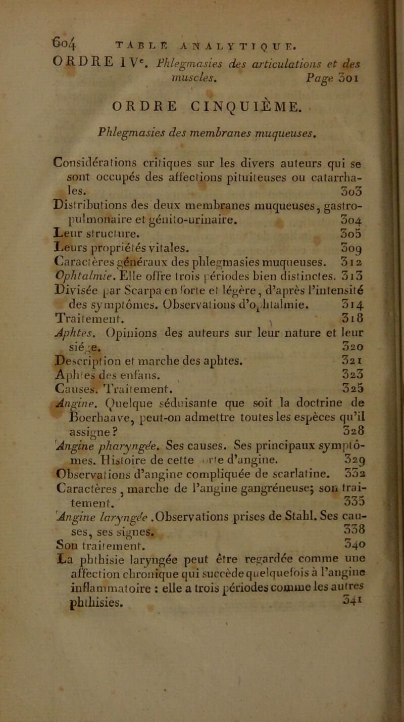 O jR D R E 1 V*. Fhleginasies des articulations et des muscles. Page 3oi I ORDRE CINQUIÈME. . Phlegmasies des membranes muqueuses. Considérations critiques sur les div'ers auteurs qui se sont occupés des alièctions pituiteuses ou catarrha- les. 3o3 Distributions des deux membranes muqueuses, gastro- pulmonaire et génito-urinaire. 3o4 Leur structure. 3o5 Leurs propriétés vitales. 009 Caractères généraux des phlegmasies muqueuses. 312 Ophtalmie. Elle offre trois | ériodes bien distinctes. 3i3 Div'isée par Scarpa en î'orle et légère, d’après l’intensité des sjmplômes. Observations d’o^^-htalmie. 3i4 Traitement. 3i8 Aphtes. Opinions des auteurs sur leur nature et leur siège. ■ . 3zo Description et marche des aphtes. 3a i Aphtes des enfans. ^ 323 Causes. Traitement. 3a5 ^Angine. Quelque séduisante que soit la doctrine de Boerhaave, peut-on admettre toutes les espèces qu’il assigne? 328 'Angine pharyngée. Ses causes. Ses principaux symptô- mes. Histoire de cette urie d’angine. 329 Observations d’angine compliquée de scarlatine. 33a Caractères , marche de l’angine gangréneusej son trai- tement. 335 'Angine laryngée .Observations prises de Stabl. Ses cau- ses, ses signes. 338 Son traitement. 340 La phthisie laryngée peut être regardée comme une affection chronique qui succèdequelquefôis à l’angine inflammatoire : elle a trois périodes comme les autres pbiliisies. 341