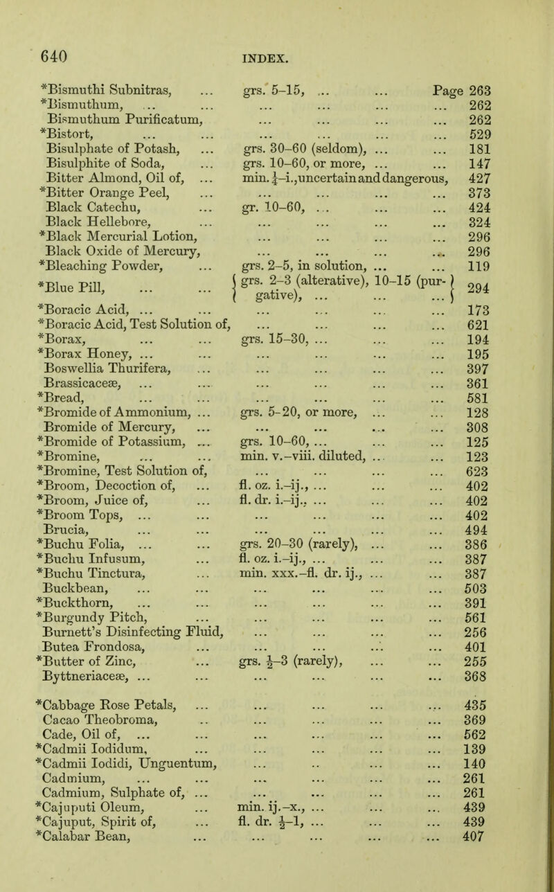 *Bismutlii Subnitras, grs. 5-15, ,,. Page 263 *l3ismuthmn, ... 262 Bismutlium Purificatum, 262 *Bistort, ... 529 Bisulphate of Potash, grs. 30-60 (seldom), ... ... 181 Bisulphite of Soda, grs. 10-60, or more, ... ... 147 Bitter Almond, Oil of. min. 5-i.,uncertainand dangerous, 427 *Bitter Orange Peel, ... 373 Black Catechu, gr. 10-60, ... 424 Black Hellebore, ... 324 *Black Mercurial Lotion, ... 296 Black Oxide of Mercury, ... 296 *Bleaching Powder, grs. 2-5, in solution, ... ... 119 *Blue Pill, grs. 2-3 (alterative), 10-15 (pur-) ( gativej, ... *Boracic Acid, ... ... 173 *Boracic Acid, Test Solution of, ... 621 *Borax, grs. 15-30, ... ... 194 *Borax Honey, ... ... 195 Boswellia Thurifera, ... 397 Brassicacese, ... 361 *Bread, 581 *Bromide of Ammonium, ... grs. 5-20, or more, ... ... 128 Bromide of Mercury, ... 308 *Bromide of Potassium, ... grs. 10-60, ... ... 125 *Bromine, min. v.-viii. diluted, ... ... 123 *Bromine, Test Solution of, ... 623 *Broom, Decoction of. fl. oz. i.-ij., ... ... 402 *Broom, Juice of. fl. dr. i.-ij., ... ... 402 *Broom Tops, ... 402 Brucia, ... 494 *Buchu Folia, ... grs. 20-30 (rarely), ... ... 386 *Bucliu Infusum, fl. oz. i.-ij., ... ... 387 *Buchu Tinctura, min. XXX.-fl. dr. ij., ... ... 387 Buckbean, ... 503 *Buckthorn, ... 391 *Burgundy Pitch, Burnett's Disinfecting Fluid, ... 561 ... 256 Butea Frondosa, ... 401 *Butter of Zinc, grs. i-3 (rarely), ... 255 Byttneriaceae, ... ... 368 *Cabbage Rose Petals, ... 435 Cacao Theobroma, ... 369 Cade, Oil of, ... ... 562 *Cadmii lodidum, ... 139 *Cadmii lodidi, Unguentum, 140 Cadmium, ... 261 Cadmium, Sulphate of, ... ... 261 *Cajuputi Oleum, *Cajuput, Spirit of, *Calabar Bean, min. ij.-x., ... ... 439 fl. dr. 1-1, ... 439 ... 407