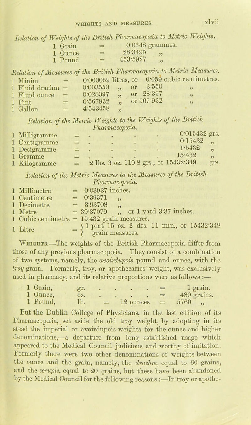 Relation of Weights of the British Pharmacopoeia to Metric Weights. 1 Grain = 0'0648 grammes. 1 Ounce = 28'3495 „ 1 Pound = 453'5927 „ Relation of Measures of the British Pharmacopoeia to Metric Measures. Minim Fluid drachm = Fluid ounce = Pint Gallon = 0-000059 litres, or 0‘059 cubic centimetres. 0-003550 „ or 3-550 0-028397 „ or 28-397 0-567932 „ or 567-932 4-543458 „ Milligramme Centigramme Decigramme Gramme Kilogramme 5? grs. Relation of the Metric Weights to the Weights of the British Pharmacopoeia. = , . . . 0-015432 grs = ... 0-15432 „ = ... 1-5432 „ = . . . . 15-432 = 2 lbs. 3 oz. 119-8 grs., or 15432-349 Relation of the Metric Measures to the Measures of the British Pharmacopoeia. Millimetre = 0-03937 inches. Centimetre = 0-39371 „ Decimetre = 3-93708 „ Metre = 39-37079 „ or 1 yard 3-37 inches. Cubic centimetre = 15-432 grain measures 1 Litre pint 15 oz. 2 drs. grain measures. 11 min., or 15432-348 Weights.—The weights of the British Pharmacopoeia differ from those of any previous pharmacopoeia. They consist of a combination of two systems, namely, the avoirdupois pound and ounce, with the troy grain. Formerly, troy, or apothecaries’ weight, was exclusively used in pharmacy, and its relative proportions were as follows :— 1 Grain, gr. . . . . = 1 grain. 1 Ounce, oz. . . . . = 480 grains, 1 Pound, lb. = 12 ounces = 5760 „ But the Dublin College of Physicians, in the last edition of its Pharmacopoeia, set aside the old troy weight, by adopting in its stead the imperial or avoirdupois weights for the ounce and higher denominations,—a departure from long established usage which appeared to the Medical Council judicious and worthy of imitation. Formerly there were two other denominations of weights between the ounce and the grain, namely, the drachm, equal to 60 grains, and the scruple, equal to 20 grains, but these have been abandoned by the Medical Council for the following reasons :—In troy or apothe-