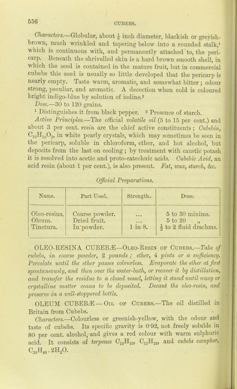 CUBEBS, Characters.—Globular, about J incli diameter, blackish or greyish- brown, much wrinkled and tapering below into a rounded stalk,* which is continuous with, and permanently attached to, the peri- carp. Beneath the shrivelled skin is a hard brown smooth shell, in which the seed is contained in the mature fruit, but in commercial cubebs this seed is usually so little developed that the pericarp is nearly empty. Taste warm, aromatic, and somewhat bitter ; odour strong, peculiar, and aromatic. A decoction when cold is coloured bright indigo-blue by solution of iodine.^ Dose.—30 to 120 grains. * Distinguishes it from black pepper. 2 Presence of starch. Active Princi'ples.—The official volatile oil (5 to 15 per cent.) and about 3 per cent, resin are the chief active constituents; GvJoehin, C^ioHioOg, in white pearly crystals, which may sometimes be seen in the pericarp, soluble in chloroform, ether, and hot alcohol, but 1 deposits from the last on cooling ; by treatment with caustic potash ' it is resolved into acetic and proto-catechuic acids. Gubebic Acid, an | acid resin (about 1 per cent.), is also present. Fat, wax, starch, &c. 1 Official Preparations. Name. Part Used. Strength.. Dose. Oleo-resina. Oleum. Tinctura. Coarse powder. Dried fruit. Inpowder. 1 in 8. 5 to 30 minims. 5 to 20 „ ^ to 2 fluid drachms. OLEO-RESINA CUBEBS—Oleo-Resin of Cubebs.—Take of cubebs, in coarse powder, 2 pounds; ether, 4 pints or a sufficiency. Percolate until the ether passes colourless. Evaporate the ether at first spontaneously, and then over the water-bath, or recover it by distillation, and transfer the residue to a closed vessel, letting it stand until icaxy or crystalline matter ceases to be deposited. Decant the oleo-resin, and preserve in a well-stoppered bottle. OLEUM CUBEBS — Oiu op Cubebs.—The oil distilled in Britain from Cubebs. Characters.—Colourless or greenish-yellow, with the odour and taste of cubebs. Its specific gravity is 0‘92, not freely soluble in 80 per cent, alcohol; and gives a red colour with warm sulphuric acid. It consists of terpenes CioHje, C15II24, and cubebs camphor, C30H43.2H2O.