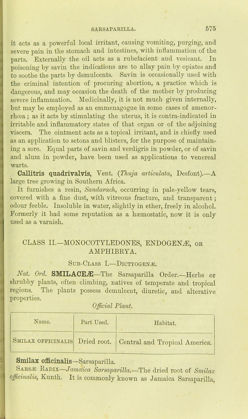 it acts as a powerful local irritant, causing vomiting, purging, and severe pain in the stomach and intestines, with inflammation of the parts. Externally the oil acts as a rubefacient and vesicant. In poisoning by savin the indications are to allay pain by opiates and to soothe the parts by demulcents. Savin is occasionally used with the criminal intention of procuring abortion, a jiractice which is dangerous, and may occasion the death of the mother by producing severe inflammation. Medicinally, it is not much given internally, but may be employed as an emmenagogue in some cases of amenor- rhoea ; as it acts by stimulating the uterus, it is contra-indicated in irritable and inflammatory states of that organ or of the adjoining viscera. The ointment acts as a topical ii-ritant, and is chiefly used as an application to setons and blisters, for the purpose of maintain- ing a sore. Equal parts of savin and verdigris in powder, or of savin and alum in powder, have been used as applications to venereal warts. Callitris quadrivalvis. Vent. {Thuja articulata, Desfont).—A large tree growing in Southern Africa. It furnishes a resin, Sandarach, occurring in pale-yellow tears, covered with a fine dust, with vitreous fracture, and transparent; odour feeble. Insoluble in water, slightly in ether, freely in alcohol. Formerly it had some reputation as a haemostatic, now it is only used as a varnish. CLASS II.—MONOCOTYLEDONES, ENDOGENiE, or AMPHIBRYA. Sub-Class I.—Dictyogen^e. Nat. Ord. SMILACE.^—The Sarsaparilla Order.—Herbs or shrubby plants, often climbing, natives of temperate and tropical regions. The jilants possess demulcent, diuretic, and alterative properties. Official Plant. Name. Part Used. Habitat. Smilax oeeicinalis Dried root. Central and Tropical America'. Smilax ofiflcinalis—Sarsaparilla. SarSjE Radix—Jamaica Sarsaparilla.—The dried root of Smilax officinalis, Kunth. It is commonly known as Jamaica Sarsaparilla,