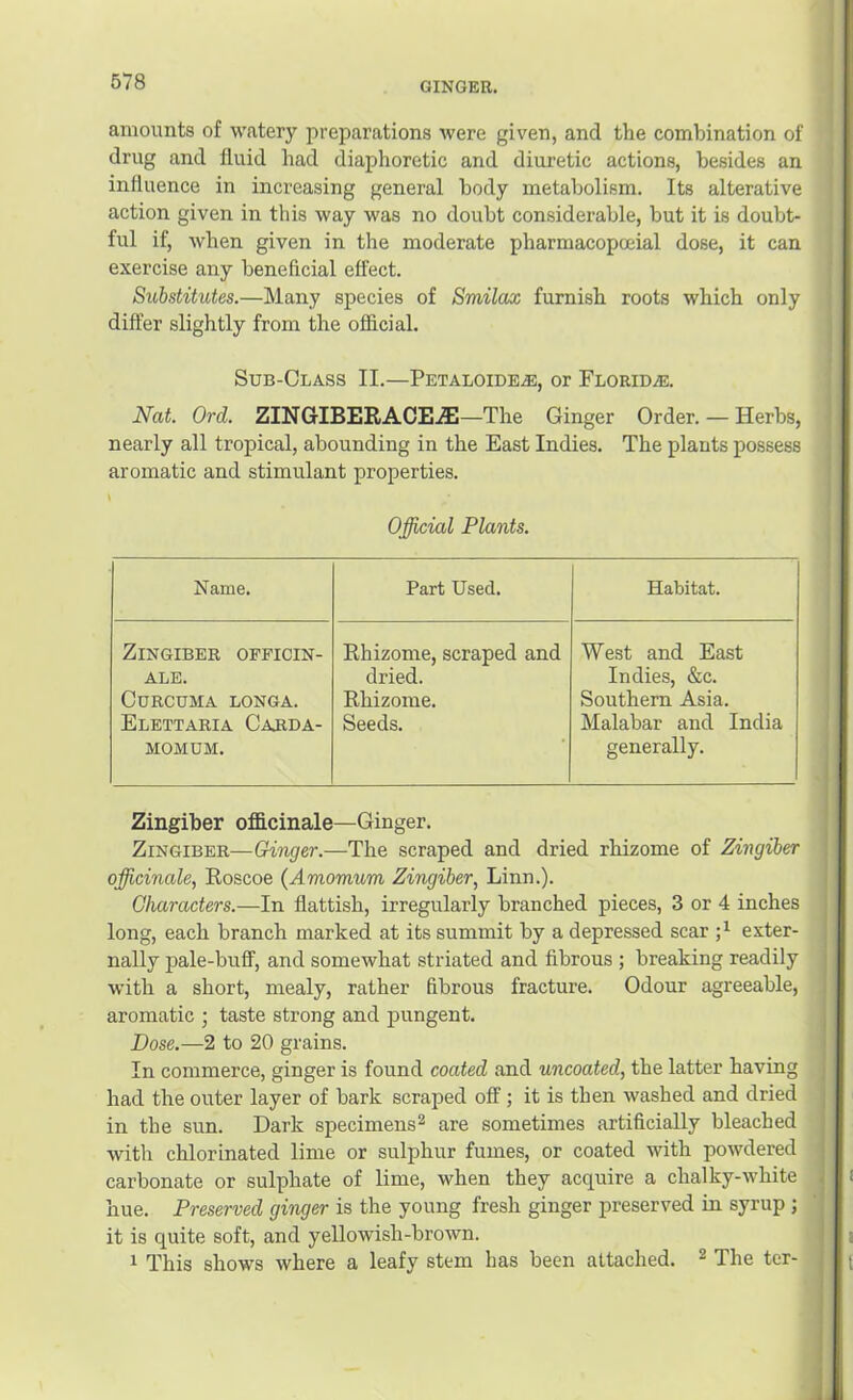 amounts of w.atery preparations were given, and the combination of drug and fluid had diaphoretic and diuretic actions, besides an influence in increasing general body metabolism. Its alterative action given in this way was no doubt considerable, but it is doubt- ful if, when given in the moderate pharmacopceial dose, it can exercise any beneficial effect. Substitutes.—Many species of Smilax furnish roots which only differ slightly from the official. Sub-Class II.—Petaloide.®, or Florid.®. Nat. Ord. ZINGIBERACE^—The Ginger Order. — Herbs, nearly all tropical, abounding in the East Indies. The plants possess aromatic and stimulant properties. Official Plants. Name. Part Used. Habitat. Zingiber officin- ale. Curcuma longa. Elettaria Cajida- MOMUM. Rhizome, scraped and dried. Rhizome. Seeds. West and East Indies, &c. Southern Asia. Malabar and India generally. Zingiber officinale—Ginger. Zingiber—Ginger.—The scraped and dried rhizome of Zwgiber officinale, Roscoe (Amomum Zingiber, Linn.). Characters.—In flattish, irregularly branched pieces, 3 or 4 inches long, each branch marked at its summit by a depressed scar exter- nally pale-buff, and somewhat striated and fibrous ; breaking readily with a short, mealy, rather fibrous fracture. Odour agreeable, aromatic ; taste strong and pungent. Dose.—2 to 20 grains. In commerce, ginger is found coated and uncoated, the latter having had the outer layer of bark scraped off; it is then washed and dried in the sun. Dark specimens^ are sometimes artificially bleached with chlorinated lime or sulphur fumes, or coated with powdered carbonate or sulphate of lime, when they acquire a chalky-white hue. Preserved ginger is the young fresh ginger preserved in syrup ; it is quite soft, and yellowish-brown. 1 This shows where a leafy stem has been attached. ^ The ter-