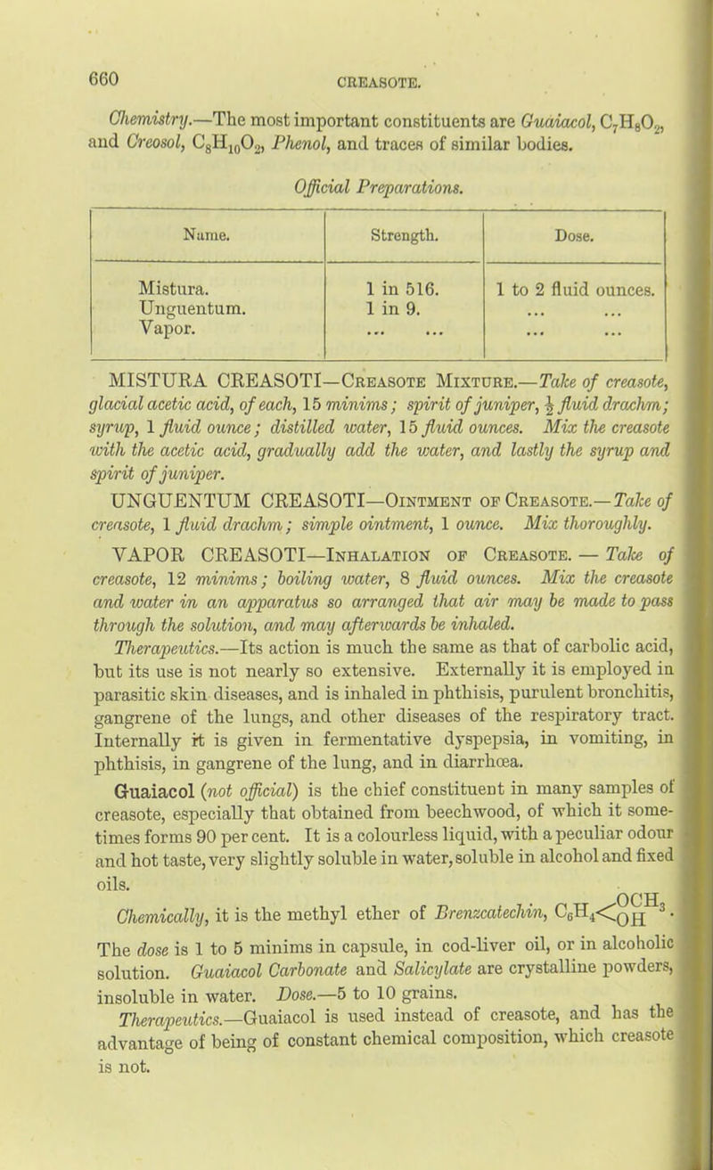 Oiemistry.—The most important constituents are Guaiacol, C^HgOg, and Creosol, CgHmOj, Phenol, and traces of similar bodies. Official Preparations. Name. Strength. Do.se. Mistura. Unguentum. Vapor. 1 in 516. 1 in 9. 1 to 2 fluid ounces. MISTURA CREASOTI—Creasote Mixture.—Take of creasote, glacial acetic acid, of each, 15 minims; spirit of juniper, \ fluid drachm; syritp, 1 fluid ounce; distilled water, 15 fluid ounces. Mix the creasote with the acetic acid, gradually add the vjater, and lastly the syrup and spirit of juniper. TJNGUENTUM CREASOTI—Ointment of Creasote.—o/ creasote, 1 fluid drachm; simple ointment, 1 ounce. Mix thoroughly. VAPOR CREASOTI—Inhalation of Creasote. — Take of creasote, 12 minims; boiling water, 8 fluid ounces. Mix the creasote and water in an apparatus so arranged that air may be made to pass through the solution, and may afteriuards be inhaled. Therapeutics.—Its action is much the same as that of carbolic acid, but its use is not nearly so extensive. Externally it is employed in parasitic skin diseases, and is inhaled in phthisis, purulent bronchitis, gangrene of the lungs, and other diseases of the respiratory tract. Internally it is given in fermentative dyspepsia, in vomiting, in phthisis, in gangrene of the lung, and in diarrhoea. Guaiacol {not official) is the chief constituent in many samples of creasote, especially that obtained from beechwood, of which it some- times forms 90 per cent. It is a colourless liquid, with a peculiar odour and hot taste, very slightly soluble in water, soluble in alcohol and fixed oils. OCH Chemically, it is the methyl ether of Brenzcatechin, CeH4<Qg ^. The dose is 1 to 5 minims in capsule, in cod-liver oil, or in alcoholic solution. Guaicbcol Carbonate and Salicylate are crystalline powders, insoluble in water. Dose.—5 to 10 grains. TherapetUics.—Gnaiacol is used instead of creasote, and has the advantage of being of constant chemical composition, which creasote is not.