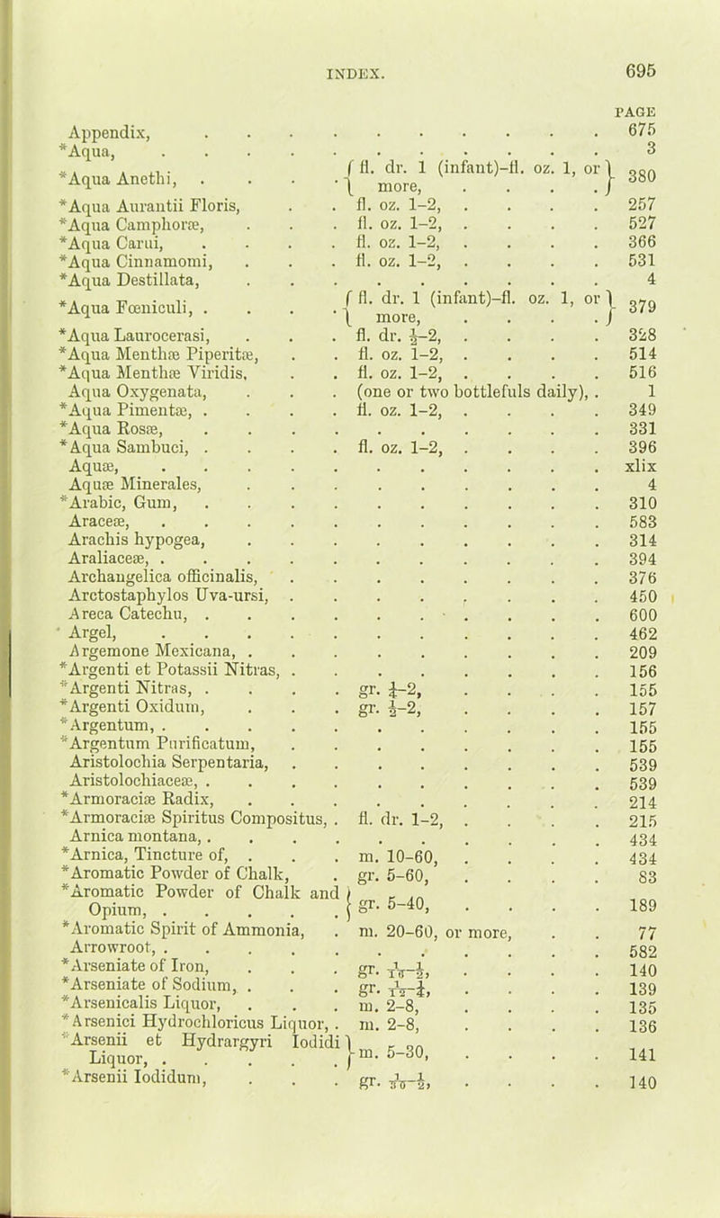 Appendi.x, *Aqua, *Aqua Anetlii, *Aqua Aurautii Floris, *Aqua Camphora, *Aqua Canii, *Aqua Cinnamomi, *Aqua Destillata, *Aqua Foeniculi, . *Aqua Laurocerasi, *Aqua Menthfe Piperite, *Aqua Menthte Viridis, Aqua Oxygenata, *Aqua Pimentffi, . *Aqua Rosas, *Aqua Sambuci, . Aquas, Aquae Minerales, * Arabic, Gum, Araceae, Aracbis hypogea, Araliaceae, . Arcbaugelica officinalis, Arctostaphylos Uva-ursi, Areca Catecbu, . * Argel, iirgemone Mexicana, . *Argenti et Potassii Nitras, *Argenti Nitras, . *Argenti Oxiduin, * Argentum, . *Argentum Pnrificatum, Aristolocbia Serpen taria, Aristolochiaceae, . *Armoraci£e Radix, *Armoraciae Spiritus Compositus, Arnica montana,. *Arnica, Tincture of, . *Aromatic Powder of Chalk, ^Aromatic Powder of Chalk and Opium, .... ^Aromatic Spirit of Ammonia, Arrowroot, .... *Arseniate of Iron, *Arseniate of Sodium, . *Arsenicalis Liquor, *Arsenici Hydrochloricus Liquor, ■'■'Arsenii et Hydrargyri lodidi Liquor, . *Arsenii lodidum. f fi. dr. 1 (infant)-tl. oz \ more, fl. oz. 1-2, 11. oz. 1-2, fl. oz. 1-2, h. oz. 1-2, ( fl. dr. 1 (ink \ more, fl. dr. |-2, fl. oz. i-2, fl. oz. 1-2, (one or two b mt)-f ottlefuls daily). oz. I, fl. oz. 1-2, 349 331 fl. oz. 1-2, 396 , , xlix , , 4 310 , 583 314 , 394 , , 376 • 450 . 600 , 462 . 209 • . 156 gr- i-2. 155 gi'- 4-2, 157 • 155 • 155 • 539 • 539 . 214 fl. dr. 1-2, 215 . 434 m. 10-60, 434 gr. 5-60, 83 gr. 5-40, 189 m. 20-60, or more. 77 . , 582 gr* tV-2, 140 gr* 139 m. 2-8, 135 111. 2-8, 136 m. 5-30, 141 gr* irV-4, 140 1, 0 1, 0 PAGE 675 3 380 257 527 366 531 4 } 379 328 514 516 1