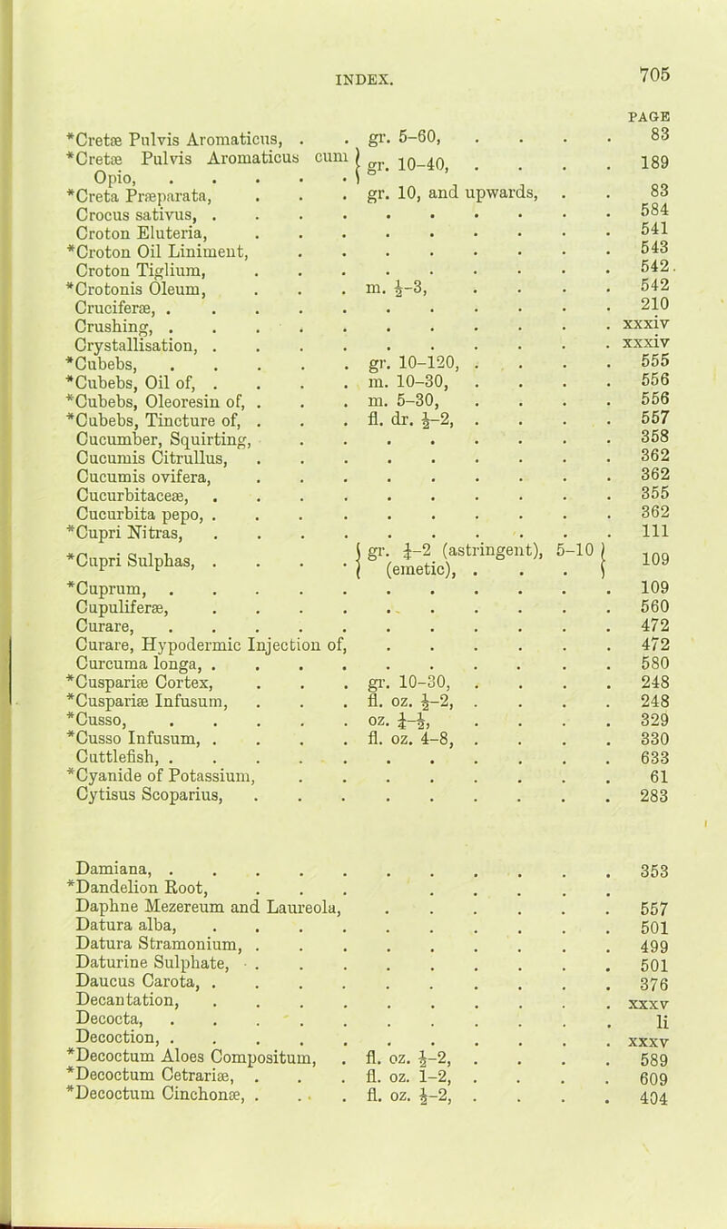 *Cret8e Pulvis Aromaticus, . *Cretse Pulvis Aromaticus cum Opio, *Creta Praeparata, Crocus sativus, . . . . Croton Eluteria, *Croton Oil Liniment, Croton Tiglium, *Crotonis Oleum, Cruciferae, . . . . . . Crushing, Crystallisation, . . . . *Cubebs, . . . . . *Cubebs, Oil of, . . *Cubebs, Oleoresin of, . *Cubebs, Tincture of, . ■ Cucumber, Squirting, Cucumis Oitrullus, Cucumis ovifera, ' Cucurbitaceae, . . . . Cucurbita pepo, . , . . ■ *Cupri Nitras, . . . . *Cupri Sulphas, . . . . * *Cuprum, . . . . . '■ Cupuliferffi, . . . . i Curare, . . . . . ! Curare, Hypodermic Injection of. Curcuma longa, .... *Cusparise Cortex, *Cusparise Infusum, 3 *Cusso, ■1 *Cusso Infusum, . . . . Cuttlefish, . . . . . fi *Cyauide of Potassium, I Cytisus Scoparius, I i f Damiana, J ^Dandelion Root, 1 Daphne Mezereum and Laureola, ; Datura alba, .... r Datura Stramonium, . i Daturine Sulphate, . I Daucus Carota, .... ^ Decantation, . . . . V Decocta, . . . . . Decoction, . . . . . ^ *Decoctum Aloes Compositum, ( *Decoctum Cetrarite, . ' *Decoctum CinchomB, . i f, gr. 5-60, , , PAGE 83 gr. 10-40, . . • 189 gr. 10, and upwards. 83 584 541 543 542 m. i-3, 542 210 xxxiv xxxiv gr! 10-120, 555 m. 10-30, 556 m. 5-30, 556 fl. dr. J-2, 557 358 362 362 355 362 111 gr. jr-2 (astringent), 5-10 i 109 (emetic). 109 560 472 472 580 gi’! 10-30, 248 fl. oz. 4-2, 248 oz. i-i, 329 fl. oz. 4-8, 330 633 , , 61 , , 283 . 353 ! 557 . 501 . 499 . 501 . 376 . XXXV li fl. oz. fl. oz. fl. oz. 4-2, . 1-2, . i-2, . . XXXV . 589 609 . 404 I