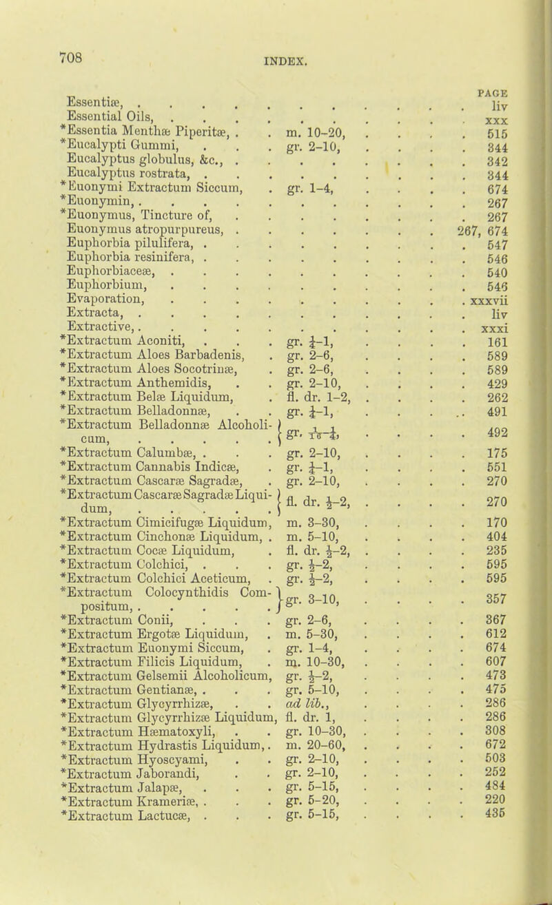 Essentia;, . Essential Oils, * Essentia Menthse Piperits, ■^Eucalypti Gummi, Eucalyptus globulus, &c.. Eucalyptus rostrata, . *Euonymi Extractuni Siccum *Euonymin,. *Euonymus, Tincture of, Euonymus atropurpureus. Euphorbia pilulifera. Euphorbia resinifera, Euphorbiacese, Eupliorbium, Evaporation, Extracta, . Extractive,. *Extractum Aconiti, *Extractum Aloes Barbadenis, *Extractum Aloes Socotriuce, *Extractum Anthemidis, *Extractum Bel® Liquidum, *Extractum Belladonn®, *Extractum Belladonn® Alcoholi cum, .... *Extractum Calumb®, . *Extractum Cannabis Indie®, *Extractum Cascar® Sagrad®, *Extractum Cascar® Sagrad® Liqui dum, .... *Extractum Cimieifug® Liquidum *Extractum Cinchon® Liquidum, *Extractum Coc® Liquidum, *Extractum Colchici, . *Extractum Colchici Aceticum, *Extractum Colocynthidis Com positum, .... *Extractum Conii, *Extractum Ergot® Liquidum, *Extractum Euonymi Siccum, •Extractum Filicis Liquidum, *Extractum Gelsemii Alcoholicum *Extractum Gentian®, . *Exti’actum Glycyrrhiz®, *Extractum Glycyrrhiz® Liquidui *Extractum H®matoxyli, *Extractum Hydrastis Liquidum, *Extractum Hyoscyami, *Extractum Jaborandi, *Extractum Jalap®, *Extractum Krameri®, . *Extractum Lactuc®, . PAGE liv « XXX m. 10-20, 515 gr. 2-10, 844 • • 342 • 344 gr. 1-4, 674 267 . . 267 , • 267, 674 . • 547 . 646 . 540 . 545 • . xxxvii . liv . • xxxi gr- i-1, 161 gr. 2-6, 589 gr. 2-6, 589 gr. 2-10, 429 fl. dr. 1-2, 262 gr. i-1, 491 1 gr- xV-i) 492 gr. 2-10, 175 gr- i-1, 551 gr- 2-10, 270 1 fl. dr. i-2. 270 m. 3-30, 170 m. 5-10, 404 fl. dr. ^-2, 235 gr- i-2, gi-- ^2, 595 695 }gr. 3-10, 357 gr- 2-6, 367 m. 5-30, 612 gr. 1-4, 674 m. 10-30, 607 gr- i-2, 473 gr. 5-10, 475 ad lib., 286 fl. dr. 1, 286 gr. 10-30, 308 m. 20-60, 672 gr. 2-10, 503 gr. 2-10, 252 gr. 5-15, 484 gr. 5-20, 220 gr. 5-15, 436
