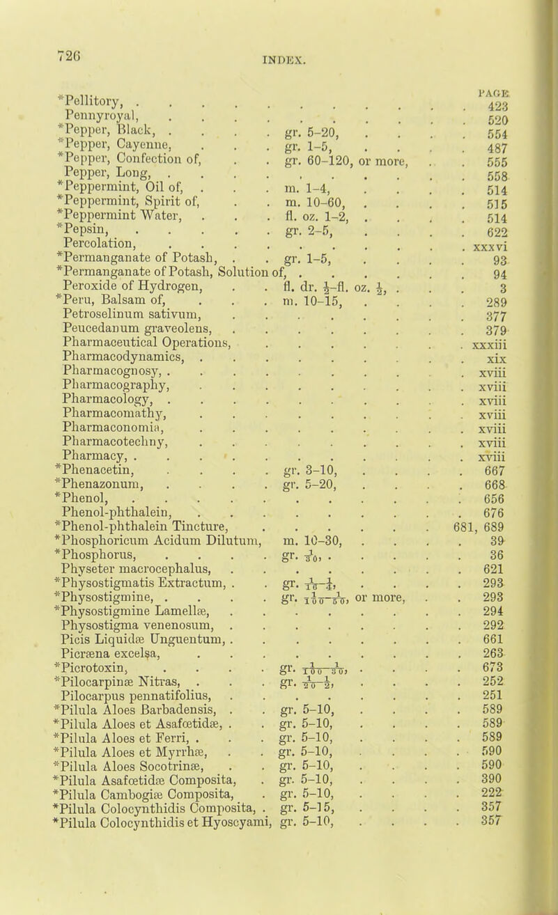 72G INDKX. *Pellitoiy Pennyroyal, . . . . *Pepper, Black, .... ^Pepper, Cayenne, *Pepper, Confection of. gr. 5-20, gr. 1-5, gr. 60-120, or more. I'AOE 423 520 554 487 555 Pepper, Long, .... 558 *Peppermint, Oil of, . m. 1-4, 514 *Peppermint, Spirit of. m. 10-60, 515 *Peppermint Water, fl. oz. 1-2, 514 * Pepsin, gr. 2-5, 622 Percolation, . . . . *Permanganate of Potash, . gr. 1-5, XXX vi 93 ^Permanganate of Potash, Solution of, . 94 Peroxide of Hydrogen, fl. dr. i-fl. oz. J, . 3 *Peru, Balsam of, ... m. 10-15, 289 Petroselinum sativum. 377 Peucedanum graveolens. . 379 Pharmaceutical Operations, xxxiii Pharmacodynamics, . xix Pharmacognosy, .... xviii Pharmacography, xviii Pharmacology, .... xviii Pharmacomathy, , , xviii Pharmaconomia, xviii Pharmacotechny, xviii Pharmacy, . . . . , , xviu *Phenacetin, .... gr. 3-10, 667 *Phenazonum, .... gr. 5-20, 668 *Phenol, ..... 656 Phenol-phthalein, *Phenol-phthalein Tincture, 676 , , 681, 689 *Phosplioricum Acidum Dilutum, m. 10-30, 39 * Phosphorus, .... gr- s\, ■ 36 Physeter maci'ocephalus, • , 621 *Physostigmatis Extractum, . gr. xV-i. 293 *Physostigmine *Physostigmine Lamellse, g*- ITiX~6X) or more. 293 . 294 Physostigma venenosum, . Picis Liquidte Unguentum, . . 292 661 Picrsena excel?a. , , 263 *Picrotoxin, .... gr. TVTT-inF, 673 *Pilocarpinas Niti’as, . gr. A-i, 252 Pilocarpus pennatifolius. . 251 *Pilula Aloes Barbadensis, . gr. 5-10, 589 *Pilula Aloes et Asafcetidae, . gr. 5-10, 589 *Pilula Aloes et Ferri, . gr. 5-10, 589 *Pilula Aloes et Myrrlice, gr. 5-10, 590 *Pilula Aloes Socotrinse, gr. 5-10, 590 *Pilula Asafoetidfe Composita, gr. 5-10, 390 *Pilula Cambogise Composita, gr. 5-10, 222 *Pilula Colocynthidis Composita, . gr. 5-15, 357 *Pilula Colocynthidis et Hyoscyami, gr. 5-10, . S5T
