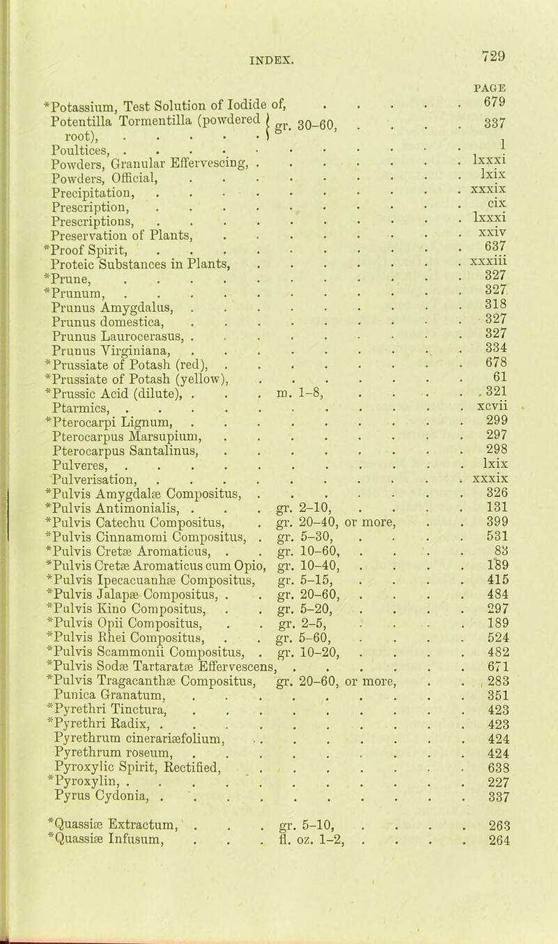 1-8. *PotassmiQ, Test Solution of Iodide of, Potentilla Tormentilla (powdered i 3O-6O root), < “ ‘ Poultices, . Powders, Granular Effervescing, Powders, Official, Precipitation, Prescription, Prescriptions, Preservation of Plants, *Proof Spirit, Proteic Substances in Plants *Prune, *Prunura, Prunus Amygdalus, Prunus domestica, Prunus Laurocerasus, . Prunus Virginiana, *Prussiate of Potash (red), *Prussiate of Potash (yellow) *Prussic Acid (dilute), . . . m Ptarruics, . *Pterocarpi Lignum, Pterocarpus Marsupium, Pterocarpus Santalinus, Pulveres, Pulverisation, *Pulvis Amygdalre Oompositus, *Pulvis Antimonialis, . . • gi *Pulvis Catechu Oompositus, . gi *Pulvis Cinnamomi Oompositus, . gr *Pulvis Oretse Aromaticus, . . gr *Pulvis Oretee Aromaticus cum Opio, *Pulvis Ipecacuanhaj Oompositus, g *Pulvis Jalapae Oompositus, . , gr *Pulvis Kino Oompositus, . . gr *Pulvis Opii Oompositus, . . g *Pulvis Ehei Oompositus, . . gi *Pulvis Scammonii Oompositus, . gi *Pulvis Sodm Tartaratse Effervescens, *Pulvis Tragacantha3 Oompositus, gr Punica Granatum, *Pyrethri Tinctura, *Pyrethri Radix, . Pyrethrum cinerarisefolium Pyrethrum roseum, Pyroxylic Spirit, Rectified, ^Pyroxylin, , Pyrus Gydonia, . 2-10, 20-40, or 5-30, 10-60, 10-40, 5-15, 20-60, 5-20, 2-5, 5-60, 10-20, 20-60, or more more PAGE 679 337 1 Ixxxi Ixix xxxix cix Ixxxi xxiv 637 xxxiii 327 327 318 327 327 334 678 61 .321 xcvii 299 297 298 Ixix xxxix 326 131 399 531 83 189 415 484 297 189 524 482 671 283 351 423 423 424 424 638 227 337 *Quassiae Extractum, *Quassi8e Infusum, 5-10, fl. oz. 1-2, 263 264