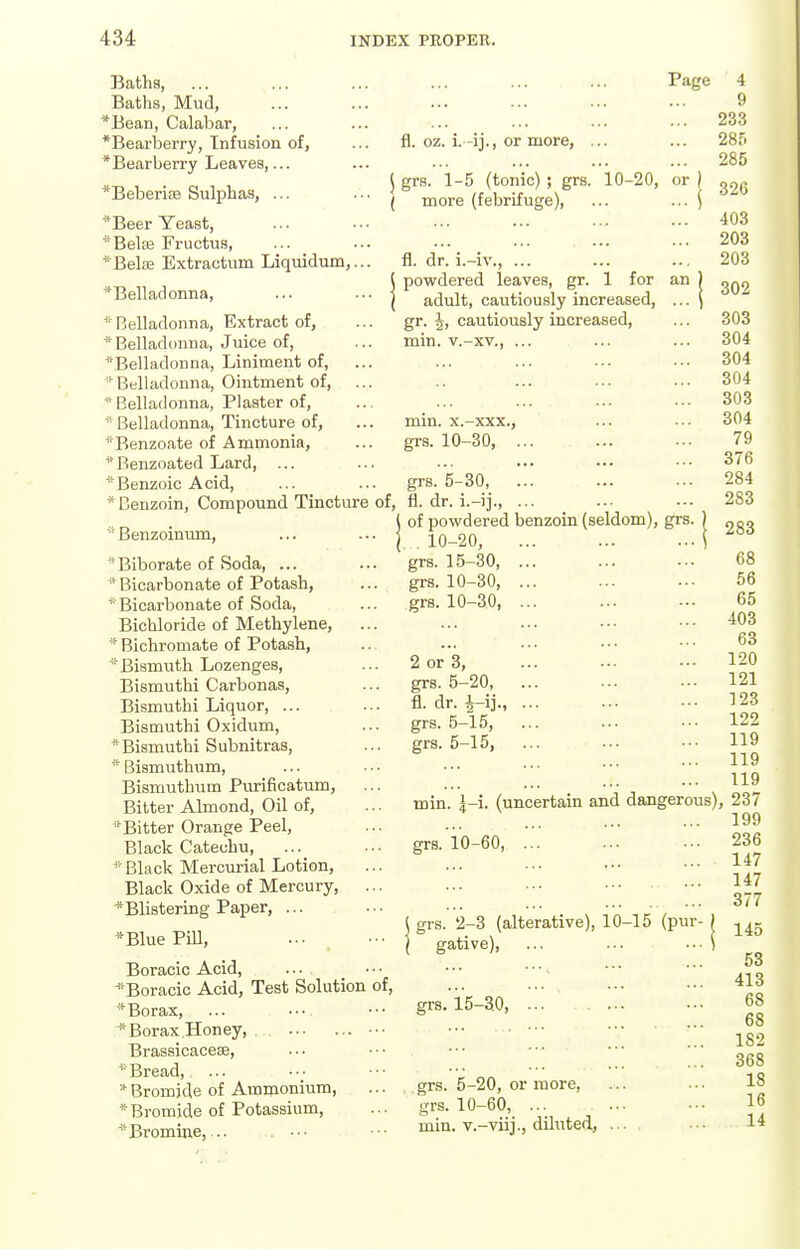 of, Baths, Baths, Mud, *Bean, Calabar, *Bearberry, Infusion of, * Bearberry Leaves,... ^Beberise Sulphas, ... ■Beer Yeast, *Bel£e Fructus, *BelaB Extractum Liquidum,... *Belladonna, * Belladonna, Extract of, * Belladonna, Juice of, ^'Belladonna, Liniment of, Belladonna, Ointment of, * Belladonna, Plaster of, * Belladonna, Tincture of, ^'Benzoate of Ammonia, *Benzoated Lard, ... ^'Benzoic Acid, * Benzoin, Compound Tincture Benzoinum, ■'Biborate of Soda, ... '* Bicarbonate of Potash, * Bicarbonate of Soda, Bichloride of Methylene, '* Bichromate of Potash, '•'Bismuth Lozenges, Bismuthi Carbonas, Bismuthi Liquor, ... Bismuthi Oxidum, * Bismuthi Subnitras, ^' Bismuthum, Bismutlmm Purificatum, Bitter Almond, Oil of, ■Bitter Orange Peel, Black Catechu, * Black Mercurial Lotion, Black Oxide of Mercury, ... *Blistering Paper, ... *Blue Pill, Boracic Acid, ... *Boracic Acid, Test Solution of, ■* Borax, Borax Honey, ••• Brassicacese, *Bread, * Bromide of Ammonium, * Bromide of Potassium, ■^Bromine, .. . ••• Page fl. oz. i. -ij., or more, ... grs. 1-5 (tonic) ; grs. 10-20, or more (febrifuge), fi. dr. i.-iv., ... powdered leaves, gr. 1 for an adult, cautiously increased, ... gr. \, cautiously increased, min. v.-xv., ... mm. x.-xxx., grs. 10-30, ... grs. 5-30, ... fl. dr. i.-ij., ... of powdered benzoin (seldom), grs. 10-20, grs. 15-30, ... grs. 10-30, ... grs. 10-30, ... 2 or 3, grs. 5-20, ... fl. dr. i-ij., grs. 5-15, grs. 5-15, min. |-i. (uncertain and dangerous grs. iO-60, ... grs. '2-3 (alterative), 10-15 (pur- gative). grs. 15-30, grs. 5-20, or more, grs. 10-60, ... min. v.-viij., diluted, 4 9 233 285 285 326 403 203 203 302 303 304 304 304 303 304 79 376 284 283 283 68 56 65 403 63 120 121 123 122 119 119 119 ), 237 199 236 147 147 377 145 53 413 68 68 182 368 18 16 14