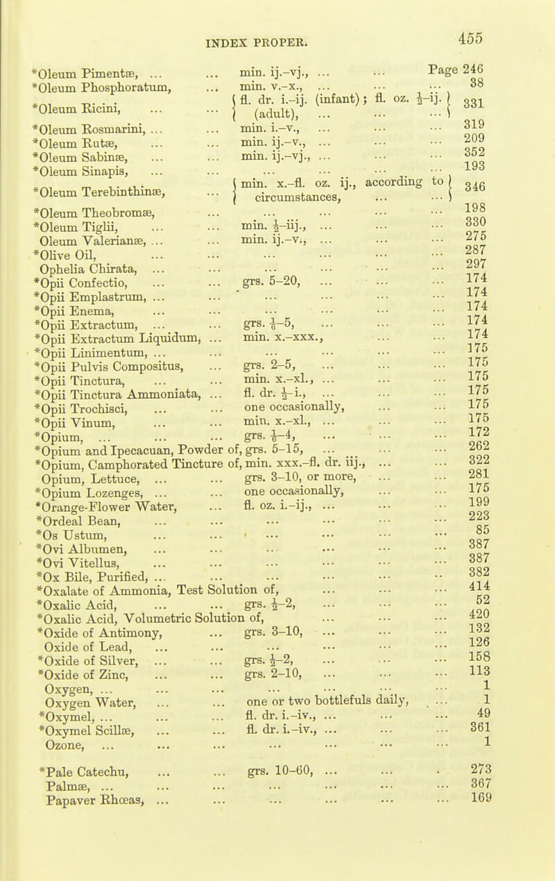 mm. i].-v]., min. v.-x., fl. dr. i.-ij. (adult), min. i.-v., min. ij.-v., min. ij.-vj., I min. x.-fl. oz. ij. ' circumstances, min. i-iij., ... min. ij.-v., ... grs. 5-20, ... grs. min i-5, .. . x.-xxx., *01eum Pimentfe, ... * Oleum Phosphoratvun, *01eum Eicini, *01eum Rosmarini, ... *01eum RutsB, *01eum Sabinse, *01eum Sinapis, *01eum Terebinthinse, *01eum TheobromsB, *01eum Tiglii, Oleum Valerianse, ... *OUve Oil, Ophelia Chirata, ... *Opii Confectio, *Opii Emplastrum, ... *Opu Enema, *Opii Extractum, ... *Opii Extractum Liquidum, *Opii Linimentum, ... *Opii Pulvis Compositus, *Opii Tinctura, *Opii Tinctura Ammoniata, *Opii Trochisci, *Opii Vinum, *Opium, ... ... „ . . *Opium and Ipecacuan, Powder of, grs. 6-15, ♦Opium, Camphorated Tincture of, min. xxx.-fl. dr. iij., Opium, Lettuce, ... ... grs. 3-10, or more, *Opium Lozenges, ... ... one occasionally, *Orange-Flower Water, ... fl. oz. i.-ij., ... *Ordeal Bean, *0s Ustum, *Ovi Albumen, *Ovi Vitellus, *0x BUe, Purified, ... *0xalate of Ammonia, Test Solution of, *Oxalic Acid, ... ... _ grs ' *Oxalic Acid, Volumetric Solution of. Page 246 38 (infant); fl. oz. ^-ij. ' according to grs. 2-5, min. x.-xl., ... fl. dr. 4-i., ... one occasionally, min. x.-xl., ... grs. l-i, i-2. * Oxide of Antimony, Oxide of Lead, *Oxide of Silver, .. *Oxide of Zinc, Oxygen, ... Oxygen Water, *Oxymel, ... *Oxymel Scillse, Ozone, *Pale Catechu, Palmae, ... Papaver Rhoeas, .. grs. 3-10, ... grs. 4-2, grs. 2-10, one or two bottlefuls daily, fl. dr. i.-iv., ... fl. dr. i.-iv., ... grs. 10-60, 331 319 209 352 193 346 198 330 275 287 297 174 174 174 174 174 175 175 175 175 175 175 172 262 322 281 175 199 223 85 387 387 382 414 52 420 132 126 158 113 1 1 49 361 1 273 367 169