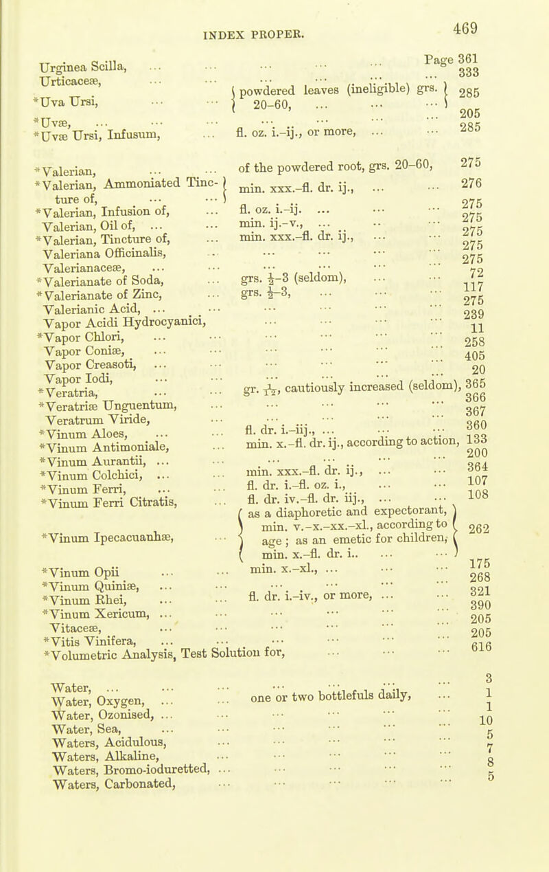 Urginea SciUa, Urticaceffi, UvaUrsi, 'Uv£e Ursi, Infusum, * Valerian, ••• ••• * Valerian, Ammoniated Tinc- ture of, ♦Valerian, Infusion of, Valerian, Oil of, ... ♦Valerian, Tincture of, Valeriana Officinalis, Valerianacese, ♦Valerianate of Soda, * Valerianate of Zinc, Valerianic Acid, ... . . • ■ Vapor Acidi Hydrocyanici, * Vapor Chlori, Vapor Conise, _ Vapor Creasoti, Vapor lodi, * Veratria, ♦Veratriie Unguentum, Veratrum Viride, *Vinum Aloes, *Vinum Antimoniale, *Vinum Aurantii, ... *Vinum Colchici, ... *Vinum Ferri, *Vinum Ferri Citratis, ♦Vinum Ipecacuanlise, Page 361 ••• ••■ 333 \ powdered leaves (ineligible) grs. ) ggs ) 20-60, fl. oz. i.-ij., or more, ... of the powdered root, grs. 20-60, min. xxx.-fl. dr. ij., fl. oz. i.-ij. ... min. ij.-v., ... min. xxx.-fl. dr. ij., 205 285 grs. 4-3 (seldom), grs. 1-3, ♦Vinum Opii *Vinum Quiniee, * Vinum Rhei, *Vinum Xericum, ... Vitacese, *Vitis Vinifera, ♦Volumetric Analysis, Test Solution for. 276 275 275 275 275 275 72 117 275 ... 239 ... 11 ... 258 ... 405 20 gr. cautiously increased (seldom), 365 ... •■• ••■ 367 fl. dr. i.-iij., ... ■•• 360 min. x.-fl. dr. ij., according to action, 133 ... 200 min. xxx.-fl. dr. ij., fl. dr. i.-fl. oz. i., fl. dr. iv.-fl. dr. iij., ... as a diaphoretic and expectorant, min. v.-x.-xx.-xl., according to age ; as an emetic for children,- min. x.-fl. dr. i min. x.-xl., ... 364 107 108 262 175 268 fl. dr. i.-iv., or more, Water, ... Water, Oxygen, ... Water, Ozonised, ... Water, Sea, Waters, Acidulous, Waters, Alkaline, Waters, Bromo-ioduretted, Waters, Carbonated, one or two bottlefuls daily, 321 390 205 205 616 3 1 1 10 5 7 8 5
