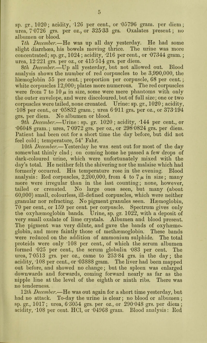 sp. gr., 1020; acidity, ‘126 per cent., or -05796 gram, per diem; urea, 7‘0726 grs. per oz., or 32533 grs. Oxalates present; no albumen or blood. 1th December.—He was up all day yesterday. He bad some slight diarrhoea, his bowels moving thrice. The urine was more concentrated; sp.gr., 1024; acidity, -216 percent., or ‘07344 gram.; urea, 12 221 grs. per oz., or 415-514 grs. per diem. 8th December.—Up all yesterday, but not allowed out. Blood analysis shows the number of red corpuscles to be 3,990,000, the haemoglobin 55 per cent.; proportion per corpuscle, 68 per cent.; white corpuscles 12,000; plates more numerous. The red corpuscles were from 7 to 10 ju in size, some were mere phantoms with only the outer envelope, and were discoloured, but of full size; one or two corpuscles were tailed, none crenated. Urine: sp. gr., 1020 ; acidity, •108 per cent., or '05832 gram.; urea 6-911 grs. per oz., or 373-194 grs. per diem. No albumen or blood. 9th December.—Urine: sp. gr. 1020; acidity, T44 per cent., or •06048 gram.; urea, 70972 grs. per oz., or 298-0824 grs. per diem. Patient had been out for a short time the day before, but did not feel cold ; temperature, 54° Fahr. 19th December.—Yesterday he was sent out for most of the day somewhat thinly clad; on coming home be passed a few drops of dark-coloured urine, which were unfortunately mixed with the day’s total. He neither felt the shivering nor the malaise which had formerly occurred. His temperature rose in the evening. Blood analysis: Bed corpuscles, 2,200,000, from 4 to 7 p. in size; many more were irregular than in the last counting; none, however, tailed or crenated. No large ones seen, but many (about 60,000) small, colourless, ill-defined corpuscles, which were neither granular nor refracting. No pigment granules seen. Haemoglobin, 70 per cent., or 159 per cent, per corpuscle. Spectrum gives only the oxyhemoglobin bands. Urine, sp. gr. 1022, with a deposit of very small oxalate of lime crystals. Albumen and blood present. The pigment was very dilute, and gave the bands of oxyhemo- globin, and more faintly those of methemoglobin. These bands were reduced on the addition of ammonium sulphide. The total proteids were only -108 per cent., of which the serum albumen formed -025 per cent., the serum globulin -083 per cent. The urea, 70513 grs. per oz., came to 25384 grs. in the day; the acidity, -108 per cent., or -03888 gram. The liver had been mapped out before, and showed no change; but the spleen was enlarged downwards and forwards, coming forward nearly as far as the nipple line at the level of the eighth or ninth ribs. There was no tenderness. \Wi December.—He was out again for a short time yesterday, but had no attack. To-day the urine is clear; no blood or albumen ; sp. gr., 1017; urea, 6-3054 grs. per oz., or 290*048 grs. per diem; acidity, '108 per cent. HC1, or ‘04968 gram. Blood analysis: Bed