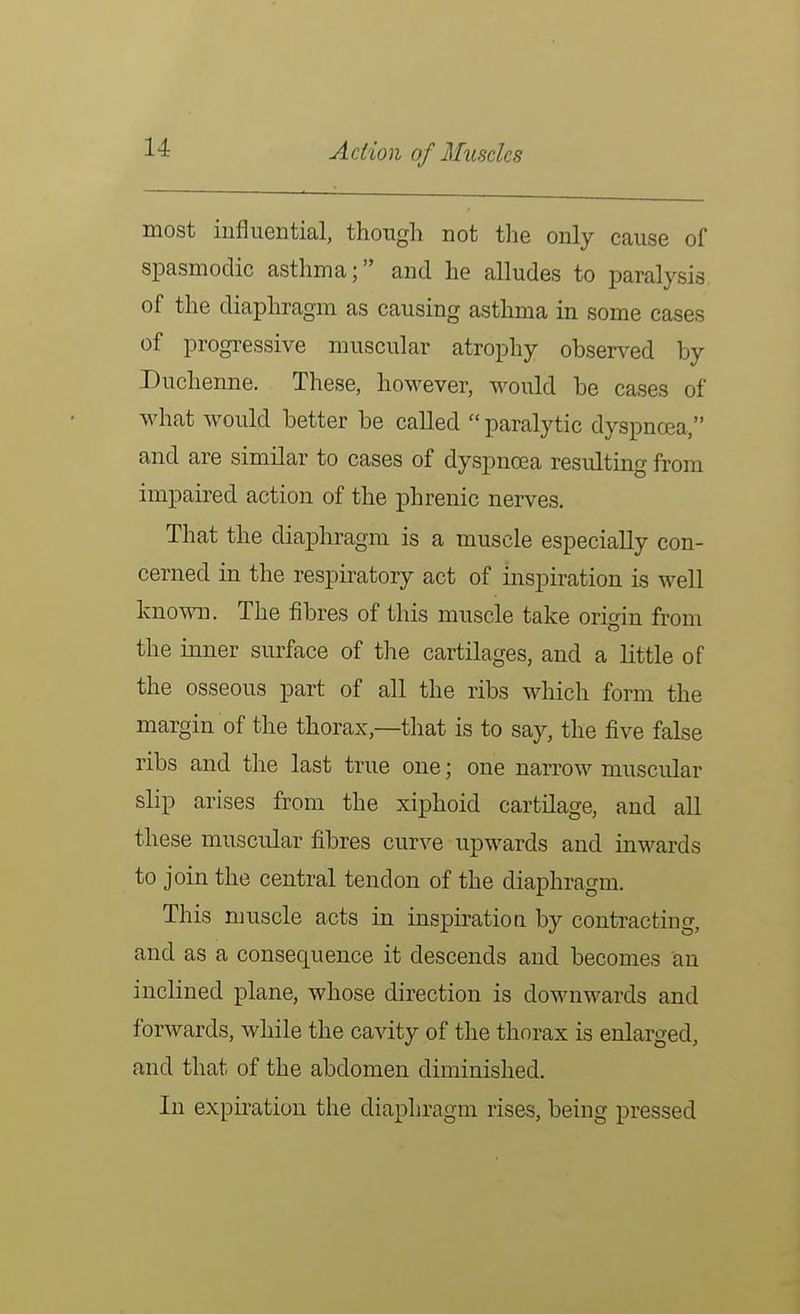 Action of Muscles most influential, though not the only cause of spasmodic asthma; and he alludes to paralysis of the diaphragm as causing asthma in some cases of progressive muscular atrophy observed by Duchenne. These, however, would be cases of what would better be called  paralytic dyspnoea, and are similar to cases of dyspnoea resulting from impaired action of the phrenic nerves. That the diaphragm is a muscle especially con- cerned in the respiratory act of inspiration is well known. The fibres of this muscle take origin from the inner surface of the cartilages, and a little of the osseous part of all the ribs which form the margin of the thorax,—that is to say, the five false ribs and the last true one; one narrow muscular slip arises from the xiphoid cartilage, and all these muscular fibres curve upwards and inwards to join the central tendon of the diaphragm. This muscle acts in inspiratioa by contracting, and as a consequence it descends and becomes an inclined plane, whose direction is downwards and forwards, while the cavity of the thorax is enlarged, and that of the abdomen diminished. In expiration the diaphragm rises, being pressed