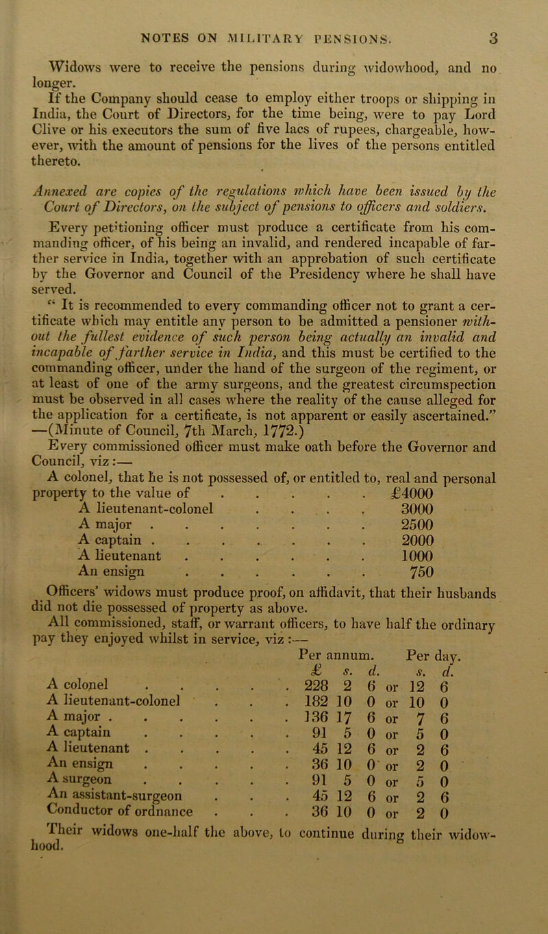 Widows were to receive the pensions during widowhood, and no longer. If the Company should cease to employ either troops or shipping in India, the Court of Directors, for the time being, were to pay Lord Clive or his executors the sum of five lacs of rupees, chargeable, how- ever, with the amount of pensions for the lives of the persons entitled thereto. Annexed are copies of the regulations which have been issued by the Court of Directors, on the subject of pensions to officers and soldiers. Every petitioning officer must produce a certificate from his com- manding officer, of his being an invalid, and rendered incapable of far- ther service in India, together with an approbation of such certificate by the Governor and Council of the Presidency where he shall have served. “ It is recommended to every commanding officer not to grant a cer- tificate which may entitle any person to be admitted a pensioner with- out the fullest evidence of such person being actually an invalid and incapable of farther service in India, and this must be certified to the commanding officer, under the hand of the surgeon of the regiment, or at least of one of the army surgeons, and the greatest circumspection must be observed in all cases where the reality of the cause alleged for the application for a certificate, is not apparent or easily ascertained.” —(Minute of Council, 7th March, 1772.) Every commissioned officer must make oath before the Governor and Council, viz:— A colonel, that he is not possessed of, or entitled to, real and personal property to the value of £4000 A lieutenant-colonel .... 3000 A major ....... 2500 A captain ....... 2000 A lieutenant ...... 1000 An ensign ...... 750 Officers’ widows must produce proof, on affidavit, that their husbands did not die possessed of property as above. All commissioned, staff, or warrant officers, to have half the ordinary pay they enjoyed whilst in service, viz :— Per annum. Per day. A colonel £ s. 228 2 d. 6 or s. 12 d. 6 A lieutenant-colonel 182 10 0 or 10 0 A major .... 136 17 6 or 7 6 A captain 91 5 0 or 5 0 A lieutenant . 45 12 6 or 2 6 An ensign 36 10 0 or 2 0 A surgeon 91 5 0 or 5 0 An assistant-surgeon 45 12 6 or 2 6 Conductor of ordnance 36 10 0 or 2 0 Their widows one-half the hood. above, to continue during their widow-