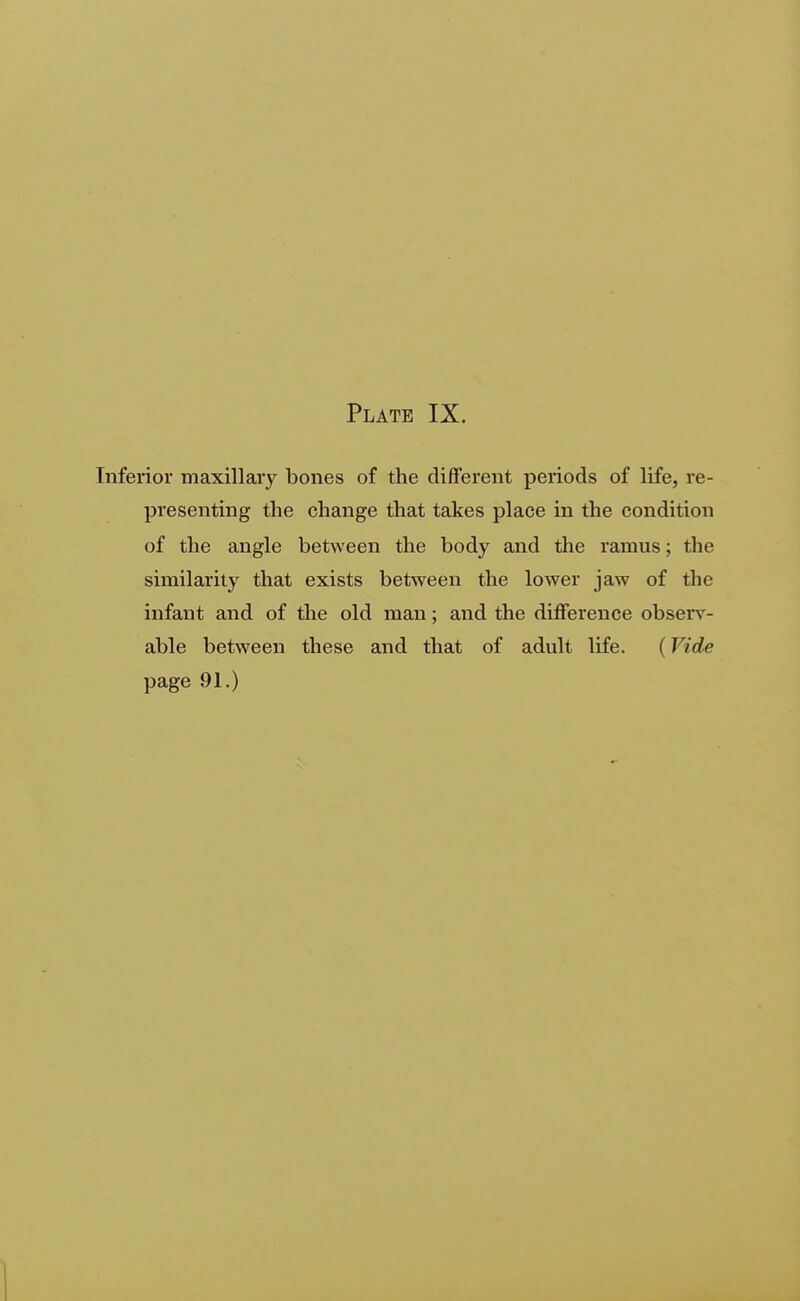 Inferior maxillary bones of the different periods of life, re- presenting the change that takes place in the condition of the angle between the body and the ramus; the similarity that exists between the lower jaw of the infant and of the old man; and the difference observ- able between these and that of adult life. {Vide page 91.)