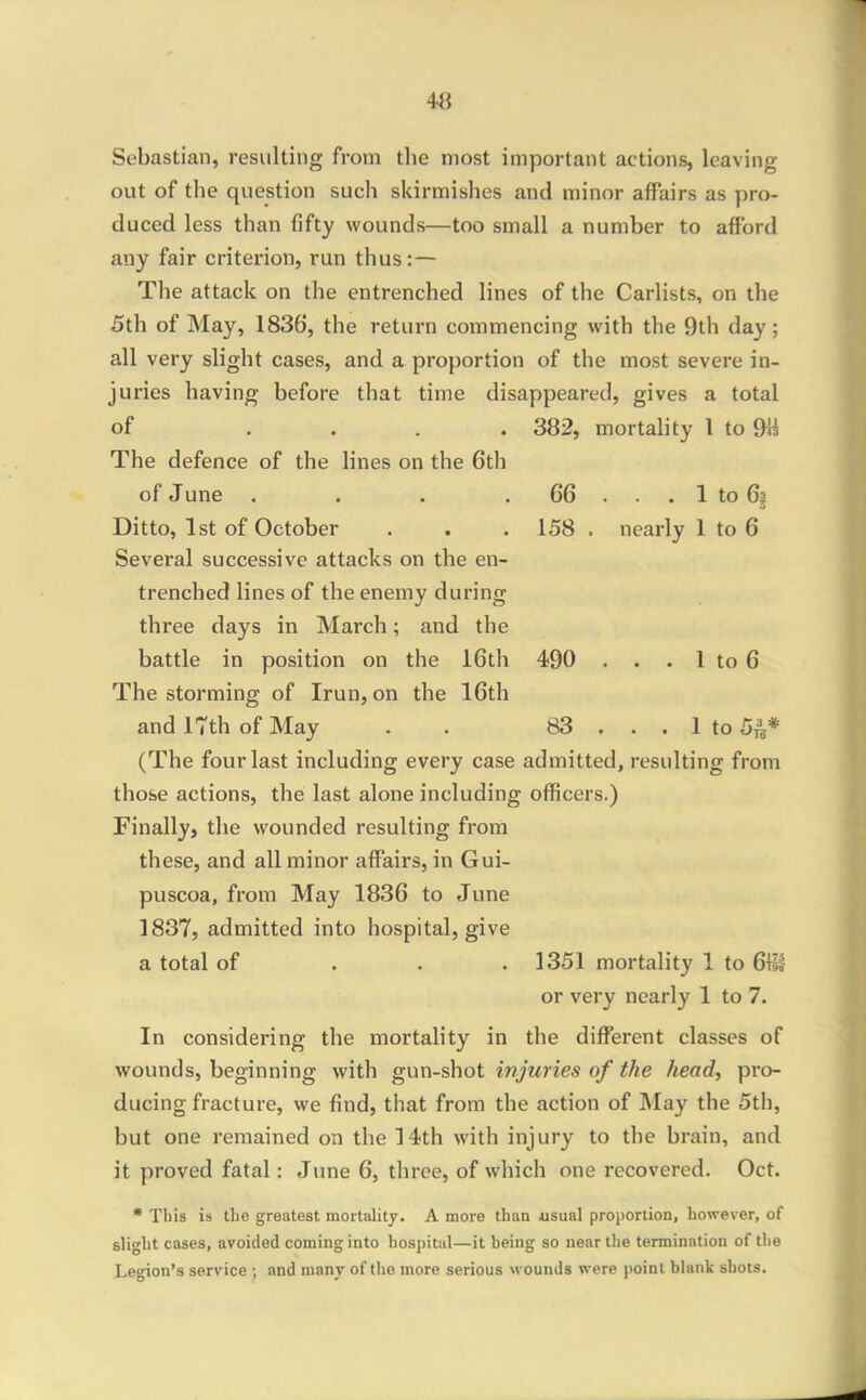 Sebastian, resulting from the most important actions, leaving out of the question such skirmishes and minor affairs as pro- duced less than fifty wounds—too small a number to afford any fair criterion, run thus :— The attack on the entrenched lines of the Carlists, on the 5th of May, 1836, the return commencing with the 9th day; all very slight cases, and a proportion of the most severe in- juries having before that time disappeared, gives a total of .... 382, mortality 1 to 9ii The defence of the lines on the 6th of June . . . . 66 ... 1 to 63 Ditto, 1st of October . . . 158 . nearly 1 to 6 Several successive attacks on the en- trenched lines of the enemy during three days in March; and the battle in position on the 16th 490 . . . 1 to 6 The storming of Irun, on the 16th and 17th of May . . 83 ... 1 to 5^* (The four last including every case admitted, resulting from those actions, the last alone including officers.) Finally, the wounded resulting from these, and all minor affairs, in Gui- puscoa, from May 1836 to June 1837, admitted into hospital, give a total of ... 1351 mortality 1 to 61^ or very nearly 1 to 7. In considering the mortality in the different classes of wounds, beginning with gun-shot injuries of the head, pro- ducing fracture, we find, that from the action of May the 5th, but one remained on the 14th with injury to the brain, and it proved fatal: June 6, three, of which one recovered. Oct. * This is the greatest mortalitj. A more than usual projiortion, however, of slight cases, avoided coining into hospital—it heing so near the termination of the Legion's service ; and many of the more serious wounds were point blank shots.