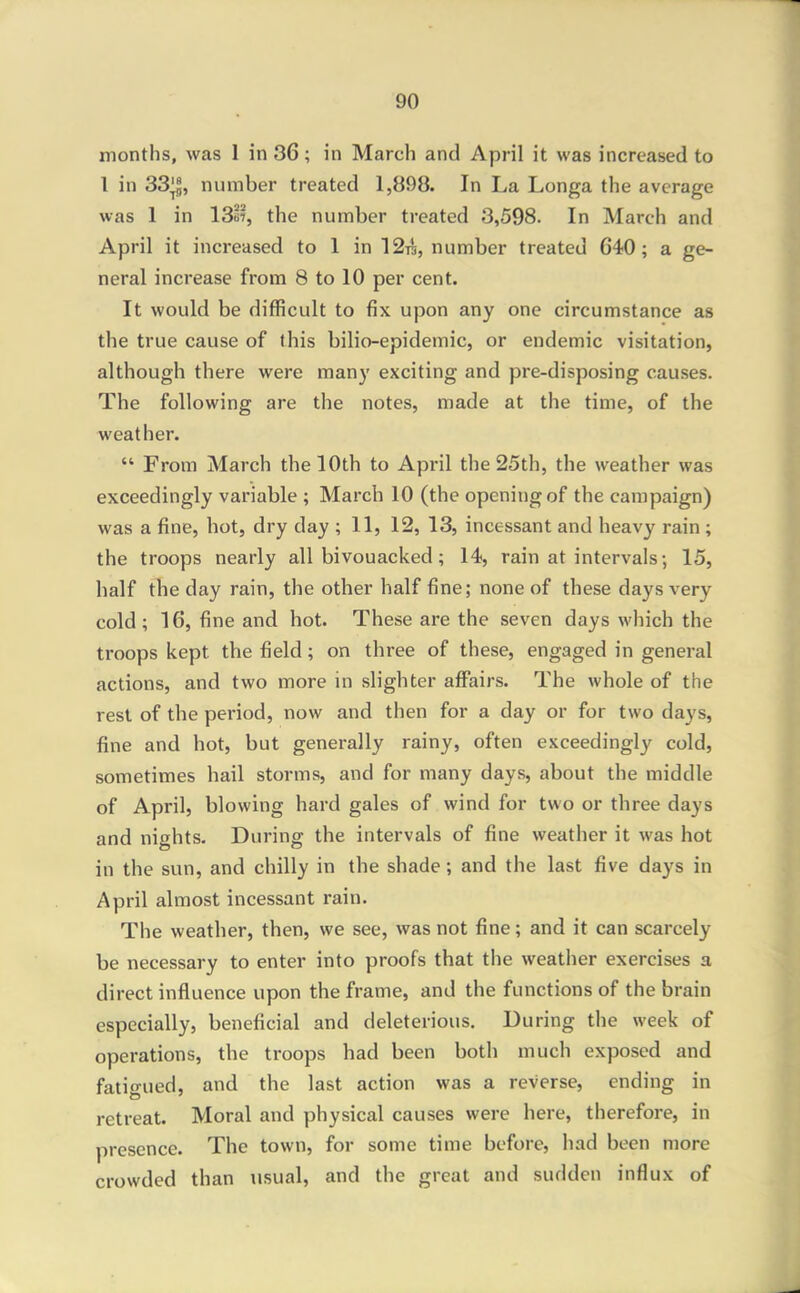 months, was 1 in 36; in March and April it was increased to I in 33'^l, number treated 1,898. In La Longa the average was 1 in 13, the number treated 3,598. In March and April it increased to 1 in 12t^, number treated 640; a ge- neral increase from 8 to 10 per cent. It would be difficult to fix upon any one circumstance as the true cause of this bilio-epidemic, or endemic visitation, although there were many exciting and pre-disposing causes. The following are the notes, made at the time, of the weather. From March the 10th to April the 25th, the weather was exceedingly variable ; March 10 (the opening of the campaign) was a fine, hot, dry day ; 11, 12, 13, incessant and heavy rain ; the troops nearly all bivouacked; 14, rain at intervals-, 15, half the day rain, the other half fine; none of these days very cold ; 16, fine and hot. These are the seven days which the troops kept the field; on three of these, engaged in general actions, and two more in slighter affairs. The whole of the rest of the period, now and then for a day or for two days, fine and hot, but generally rainy, often exceedingly cold, sometimes hail storms, and for many days, about the middle of April, blowing hard gales of wind for two or three days and nights. During the intervals of fine weather it was hot in the sun, and chilly in the shade; and the last five days in April almost incessant rain. The weather, then, we see, was not fine; and it can scarcely be necessary to enter into proofs that the weather exercises a direct influence upon the frame, and the functions of the brain especially, beneficial and deleterious. During the week of operations, the troops had been both much exposed and fatio-ued, and the last action was a reverse, ending in retreat. Moral and physical causes were here, therefore, in presence. The town, for some time before, had been more crowded than usual, and the great and sudden influx of