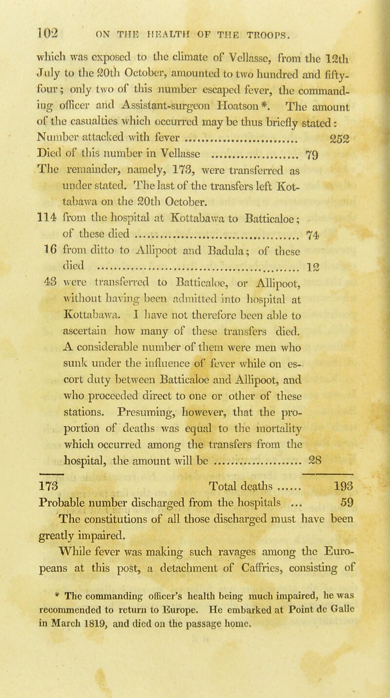 which was exposed to the cUmate of Vellassc, from the 12th July to the 20th October, amounted to two hundred and fifty- four ; only two of this number escaped fever, the command- ing officer and Assistant-surgeon Hoatson*. The amount of the casualties which occurred may be thus briefly stated: Number attacked with fever 252 Died of this number in Vellasse 79 The remainder, namely, 173, were transferred as under stated. The last of the transfers left Kot- tabawa on the 20th October. 114 from the hospital at Kottabawa to Batticaloe; of these died 74, 16 from ditto to Allipoot and Badula; of these died 12 43 were transfen-ed to Batticaloe, or Allipoot, without having been admitted into hospital at Kottabawa, I have not therefore been able to ascertain how many of these transfers died. A considerable number of them were men who sunk under the influence of fever while on es- cort duty between Batticaloe and Allipoot, and who proceeded direct to one or other of these stations. Presuming, however, that the pro- portion of deaths was equal to the mortality which occurred among the transfers from the hospital, the amount will be 28 173 Total deaths 193 Probable number discharged from the hospitals ... 59 The constitutions of all those discharged must have been greatly impaired. While fever was making such ravages among the Euro- peans at this post, a detachment of Caffries, consisting of * The commanding officer's health being much impaired, he was recommended to return to Europe. He embarked at Point de Galle in March 1819, and died on the passage home.