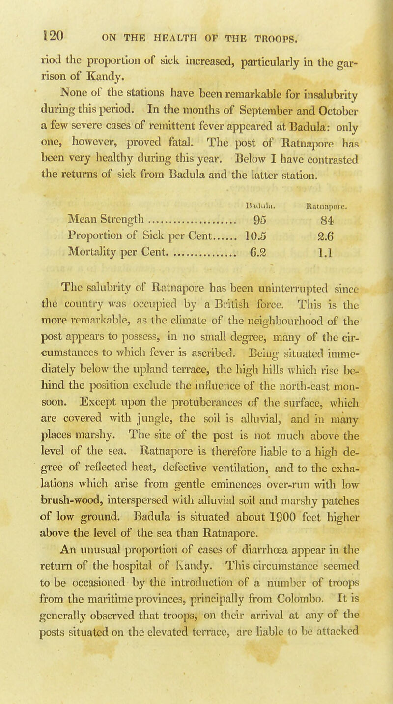 riod the proportion of sick increased, particularly in the gar- rison of Kandy. None of the stations have been remarkable for insalubrity during this period. In the months of September and October a few severe cases of remittent fever appeared at Badula: only one, however, proved fatal. The post of Ratnapore has been very healthy during this year. Below I have contrasted the returns of sick from Badula and the latter station. Bailulii. Iliitiiaporc. Mean Strength 95 84 Proportion of Sick per Cent 10.5 2.6 Mortality per Cent G.2 l.l The salubrity of Ratnapore has been uninterrupted since the country was occupied by a British force. This is the more remarkable, as the climate of the neighbourhood of the post appears to possess, in no small degree, many of the cir- cumstances to which fever is ascribed. Being situated imme- diately below the upland terrace, the high hills which rise be- hind the position exclude the influence of the north-cast mon- soon. Except upon the protuberances of the surface, which are covered with jungle, the soil is alluvial, and in many places marshy. The site of the post is not much above the level of the sea. Ratnapore is therefore liable to a high de- gree of reflected heat, defective ventilation, and to the exha- lations which arise from gentle eminences over-run with low brush-wood, interspersed with alluvial soil and marshy patches of low ground. Badula is situated about 1900 feet higher above the level of the sea than Ratnapore. An unusual proportion of cases of diarrhoea appear in the return of the hospital of Kandy. This circumstance seemed to be occasioned by the introduction of a number of troops from the maritime provinces, principally from Colombo. It is generally observed that troops, on their arrival at any of the posts situated on the elevated terrace, are liable to be attacked