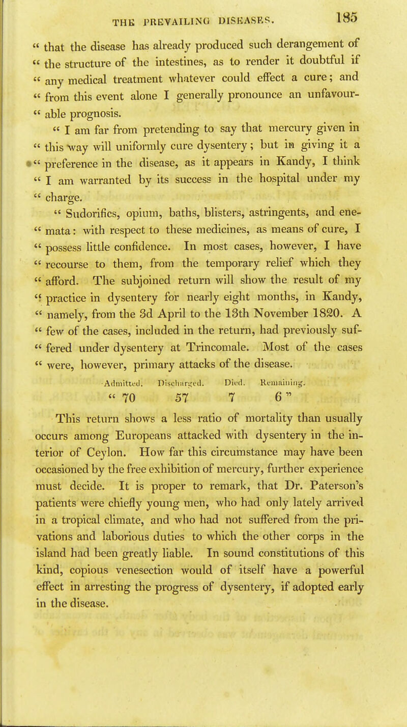  that the disease has ah-eady produced such derangement of  the structure of the intestines, as to render it doubtful if  any medical treatment whatever could effect a cure; and  from this event alone I generally pronounce an unfavour-  able prognosis. « I am far from pretending to say that mercury given in  this -way will uniformly cure dysentery; but in giving it a •  preference in the disease, as it appears in Kandy, I think  I am waiTanted by its success in the hospital under my  charge.  Sudorifics, opium, baths, blisters, astringents, and ene-  mata: Avith respect to these medicines, as means of cure, I  possess Uttle confidence. In most cases, however, I have  recourse to them, from the temporary relief which they  afford. The subjoined return will show the result of my M practice in dysentery for nearly eight months, in Kandy,  namely, from the 3d April to the 13th November 1820. A  few of the cases, included in the return, had previously suf-  fered under dysentery at Trincomale. Most of the cases *' were, however, primary attacks of the disease. Admitleil. Discliariceil. Died. RcuiaiDiiig. « 70 57 7 6 This return shows a less ratio of mortality than usually occurs among Europeans attacked with dysentery in the in- terior of Ceylon. How far this circumstance may have been occasioned by the free exhibition of mercury, further experience must decide. It is proper to remark, that Dr. Paterson's patients were chiefly young men, who had only lately arrived in a tropical climate, and who had not suffered from the pri- vations and laborious duties to which the other corps in the island had been greatly liable. In sound constitutions of this kind, copious venesection would of itself have a powerful effect in arresting the progress of dysentery, if adopted early in the disease.