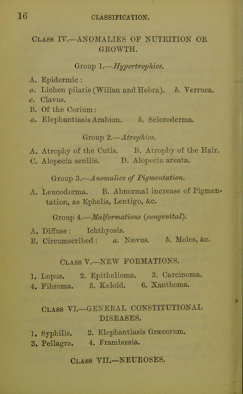 Class IV,—ANOMALIES OF NUTKITION OR GROWTH. Group 1.—HyjyeHropMct. A. Epidermic: a. Lichen pilaris (Willan and Hebra). 5. Verruca. c. ClavTis. B. Of the Corium: a. Elephantiasis Arabiun. 5. Scleroderma. Group 2.—Atrophies. A. Atrophy of the Cutis. B. Atrophy of the Hair. C. Alopecia senilis. D. Alopecia areata. Group 3.—Anomalies of Pigmentation. A. Leucoderma. B. Abnormal increase of Pigmen' tation, as Ephelis, Lentigo, &c. Group 4.—Malformations {congenital). A. Diffuse: Ichthyosis. B. Circumscribed : a. Nee-stis. &. Moles, &c. Class v.—NEW FORMATIONS. ]. Lupus. 2. Epithelioma. 3. Carcinoma. 4. Fibroma. 5. Keloid. 6. Xanthoma. Class VL—GENEEAL CONSTITUTIONAL DISEASES. ]. Syphilis. 2. Elephantiasis GrEecorum. 3. Pellagra. 4. Frambcesia. Class VII.—NEUROSES.