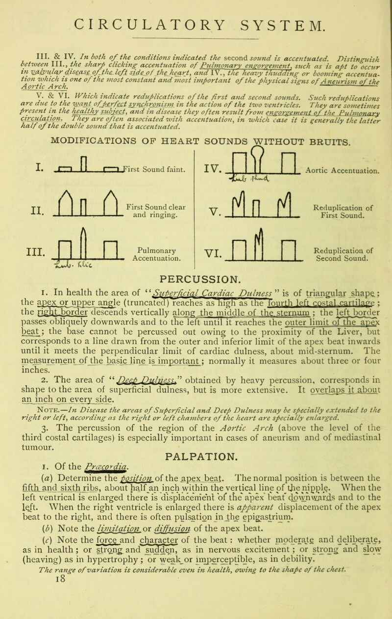 III. & IV. In both of the conditions indicated the sound is accentuated. Distingtiish between III., the sharp clicking accenUiation of Pulmonary enzorge7ncnf siich as is apt to occur in %jlifv%l(^r disease of the^ left side^f jthfhe^rt^ andW., the heavy thudding or booming accentua- tion which is one of the most constant and most important of the physical signs of Aneurism of the AoificArcJu V. & VI. Which indicate reduplications of the first and second sounds. Such reduplications are due to the want ofJ)_erfe£.t syn^hr&nisin in the action of the two ventricles. They are sometimes present in the healthy szdjecJ, and in disease they often result from encrorcrgment nf the Pulmonary cig^culatipn. They are often associated with accentuation^ in which case it is generally the latter half of the double soicnd that is accentuated. I. MODIFICATIONS OF HEART r*~l n 1^ I ,Firsf Sound faint. IV. 1 L Aortic Accentuation. II. Hn f] First Sound clear and ringing. Pulmonary Accentuation. V .jkjd VI. Reduplication of First Sound. Reduplication of Second Sound. PERCUSSION. 1. In health the area of ^fSttpefficial Cardiac Dulness'‘'' is of tri^gular shape ; the apex or upper an^le (truncated) Teaches as\igli'as the fourth left eostal_cartilap-e ; the ri^bt.border descends vertically along Jhe middle of th^ sternnnn ; the left border passes obliquely downwards and to the left until it reaches the outer limit oTthe ^ex b^^; the base cannot be percussed out owing to the proximity of the Liver, but corresponds to a line drawn from the outer and inferior limit of the apex beat inwards until it meets the perpendicular limit of cardiac dulness, about mid-sternum. The measurement of the basic line is important; normally it measures about three or four inches. 2. The area of obtained by heavy percussion, corresponds in shape to the area of superficial dulness, but is more extensive. It overlaps it about an inch on every side. Note.—In Disease the areas of Superficial and Deep Dulness may be specially extended to the right or left, according as the right or left chambers of the heart are specially enlarged. 3. The percussion of the region of the Aortic Arch (above the level of the third costal cartilages) is especially important in cases of aneurism and of mediastinal tumour. PALPATION. I. Of the Pr^cop^i^. [a) Determine the posifion_oi the apex beat. The normal position is between the fifth, and sixth ribs, about half an inch within the vertical line of tjie nipple. When the left ventrical is enlarged there is displacem'ehl of the' apex beaf dgwnw.ariis and to the left. When the right ventricle is enlarged there is apparent displacement of the apex beat to the right, and there is often pulsation jnjhe epigastriurn. (^) Note the limitation or diffusion of the apex beat. {c) Note the force and chameter of the beat : whether nipderaJLe and dejiberate, as in health; or Strong and'”^su32^ in nervous excitement; or strong and ^ow (heaving) as in hypertrophy ; or weak_or inipercepdlde, as in debility. The range of variation is considerable even in health, owing to the shape of the chest.