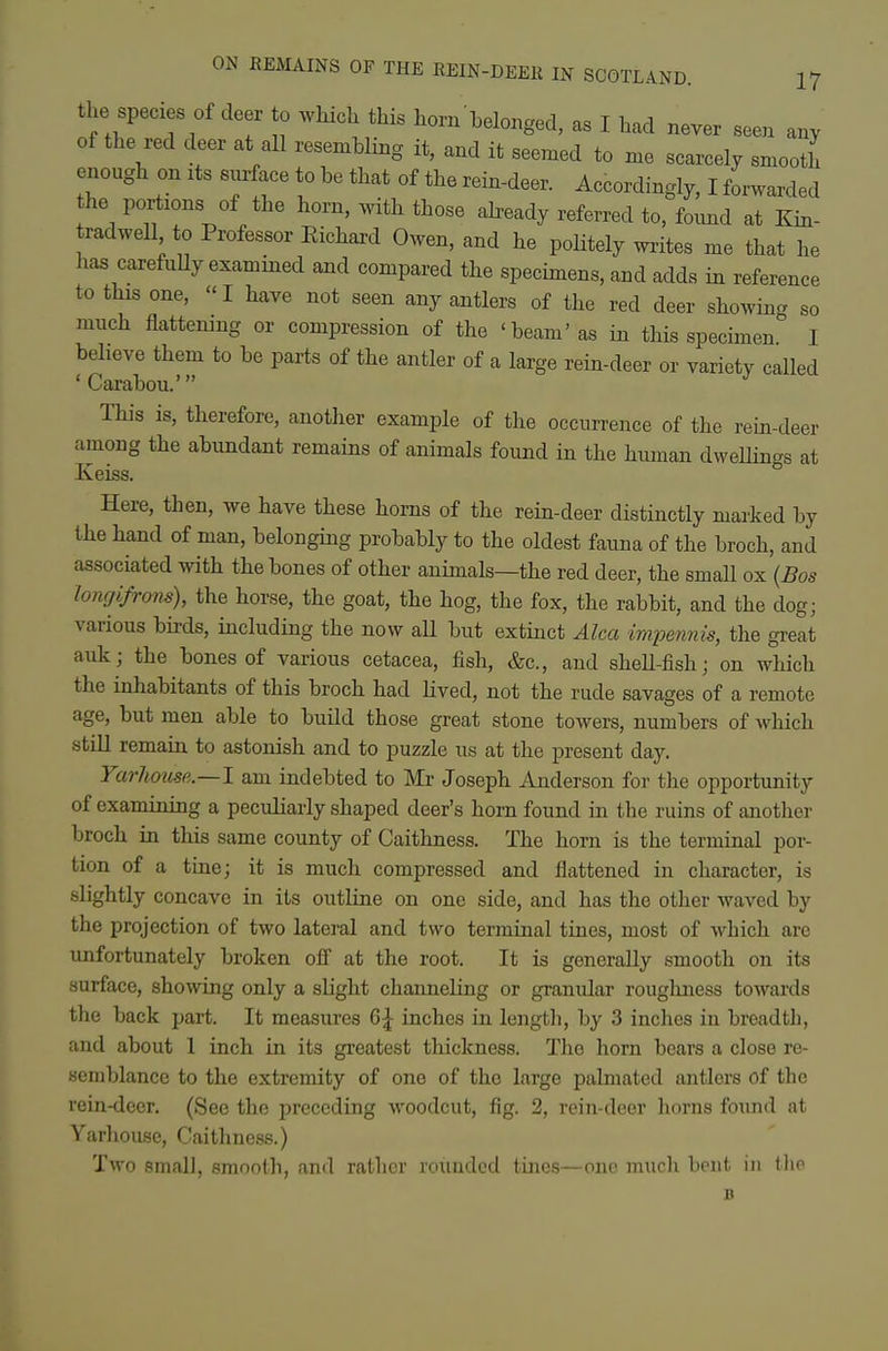 the species Of deer to which this horn belonged, as I had never seen any of the red deer at all resembling it, and it seemed to me scarcely smooth enough on its sur ace to be that of the rein-deer. Accordingly, I forwarded the portions of the horn, with those abeady referred to, fonnd at En- tradwell to Professor Eichard Owen, and he politely writes me that he has carefuUy examined and compared the specimens, and adds in reference to this one, «I have not seen any antlers of the red deer showin- so much flattening or compression of the 'beam' as in this specimen I beheve them to be parts of the antler of a large rein-deer or variety called ' Carabou.' This is, therefore, another example of the occurrence of the rem-deer among the abundant remains of animals found in the human dweUings at Keiss. Here, then, we have these horns of the rein-deer distinctly marked by the hand of man, belonging probably to the oldest fauna of the broch, and associated with the bones of other animals—the red deer, the small ox {Bos lomjifrons), the horse, the goat, the hog, the fox, the rabbit, and the dog; various birds, including the now aU but extinct Alca impennis, the great auk; the bones of various cetacea, fish, &c., and shell-lish; on which the inhabitants of this broch had hved, not the rude savages of a remote age, but men able to build those great stone towers, numbers of which still remain to astonish and to puzzle us at the present day. Yarhouse.—l am indebted to Mr Joseph Anderson for the opportunity of examining a peculiarly shaped deer's horn found in the ruins of another broch in this same county of Caithness. The horn is the terminal por- tion of a tine; it is much compressed and flattened in character, is slightly concave in its outline on one side, and has the other waved by the projection of two lateral and two terminal tines, most of which are unfortunately broken ofi' at the root. It is generally smooth on its surface, showing only a slight channeling or granidar roughness towards the back part. It measures Q>\ inches in length, by 3 inches in breadth, and about 1 inch in its greatest tliickness. The horn bears a close re- semblance to the extremity of one of the large pahnated antlers of the rein-deer. (See the preceding woodcut, fig. 2, rein-deer horns found at Yarhouse, Caithness.) Two small, smooth, and rather roxmded tines—one much bent in tlie