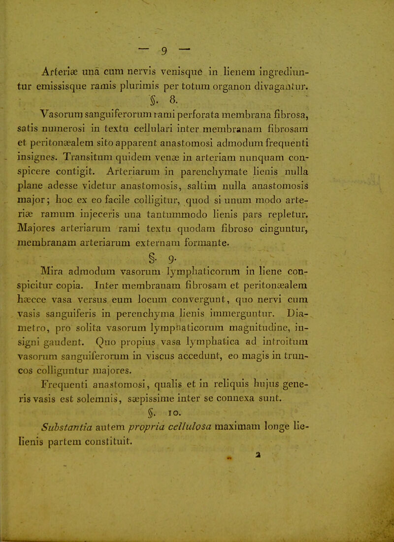 Arteriae una cum nervls venisqiie in lienem ingrediun- tur emissisque ramis plurimis per totura organon divagantur. a Vasoruin sangulferoriimiami perforata membrana fibrosa, satis numerosi in textu ceilnlarl inter membranarn fibrosam et peritonaealem sito apparent anastomosi admodumfrequend insignes. Transitum quidem venae in arteriam nunquam con- spicere contigit. Arteriarum in parencliymate lienis nulla plane adesse videtur anastoinosis, saltim nulla anastomosis major; hoc ex eo facile coUigitur, quod si unum modo art^- rise ramum injeceris una tantummodo lienis pars repletur, Majores arteriarum rami textu quodam fibroso cinguntur, membranarn arteriarum ex tern am formante. Mira admodum vasorum lyrapliaticorum in liene con- spicitur copia. Inter membranarn fibrosam et peritonaealem haecce vasa versus eum locum convergunt, quo nervi cum vasis sanguiferis in perenchyma lienis immerguntur. Dia- metro, pro solita vasorum lymphaticorum magnitudine, in- signi gaudent. Quo propius vasa lymphatica ad introitum vasorum sanguiferorum in viscus accedunt, eo magis in trun- cos colliguntur majores. Frequenti anastomosi, qualis et in reliquis hujus gene- ris vasis est solemnis, saepissime inter se connexa sunt. §. lO. Substantia autem propria cellulosa maxlmam longe lie- lienis partem constituit. a