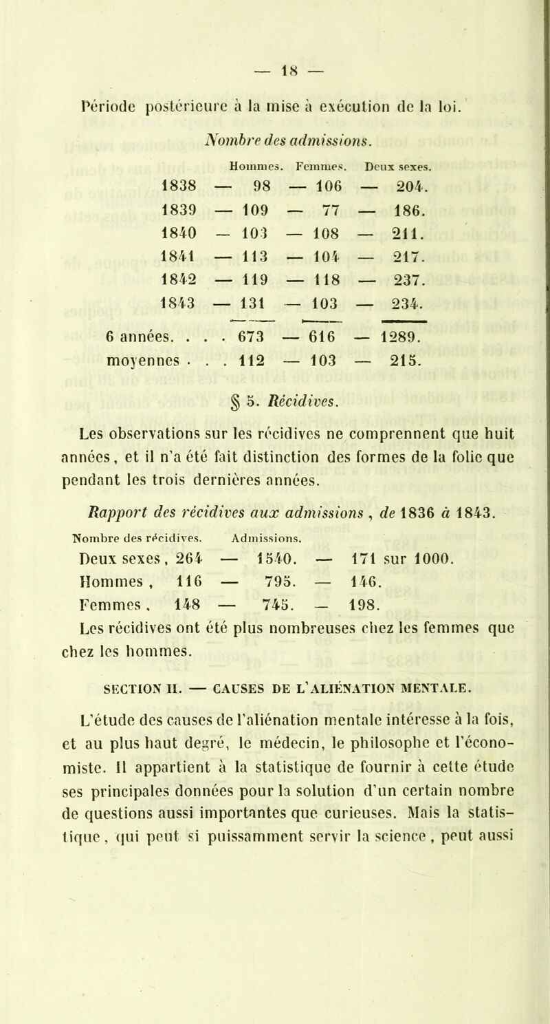 iH — Période postérieure à la mise à exécution de la loi. Nombre des admissions. Hommes, . Femme.s. Deux sexes. 1838 — 98 — 106 — 204. 1839 — 109 — 77 — 186. 1840 — 103 — 108 — 211. 1841 — 113 — 104 — 217. 1842 — 119 — 118 — 237. 1843 — 131 — 103 — 234. 6 années. . . , . 673 — 616 — 1289. moyennes • . . 112 — 103 — 215. § 5. Récidives. Les observations sur les récidives ne comprennent que huit années, et il n’a été fait distinction des formes de la folie que pendant les trois dernières années. Rapport des récidives aux admissions , de 1836 à 1843. Nombre des r<^cidives. Admissions. Deux sexes, 264 — 1540. — 171 sur 1000. Hommes, 116 — 795. — 146. Femmes. 148 — 745. — 198. Les récidives ont été plus nombreuses chez les femmes que chez les hommes. SECTION II. — CAUSES DE L’ALIÉNATION MENTALE. L’étude des causes de l’aliénation mentale intéresse à la fois, et au plus haut degré, le médecin, le philosophe et l’écono- miste. Il appartient à la statistique de fournir à celte étude ses principales données pour la solution d’un certain nombre de questions aussi importantes que curieuses. Mais la statis- tique, qui peut si puissamment servir la science, peut aussi