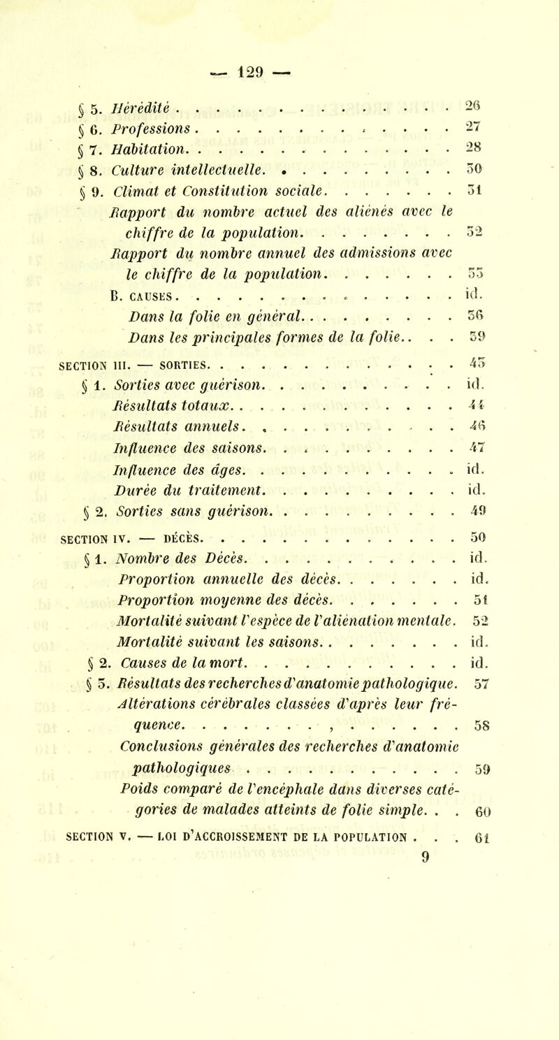 § 5. Hérédité § 6. Professions § 7. Habitation § 8. Culture intellectuelle § 9. Climat et Constitution sociale Bapport du nombre actuel des aliénés avec le chiffre de la population Rapport du nombre annuel des admissions avec le chiffre de la population B. CAUSES . . Dans la folie en général Dans les principales formes de la folie.. . . 2() •27 28 50 51 55 id. 59 SECTION III. — SORTIES. . . . § 1. Sorties avec guérison. Résultats totaux. . . Résultats annuels. , Influence des saisons. Influence des âges. . Durée du traitement. § 2. Sorties sans guérison. 45 id. 4i 47 id. id. 49 SECTION IV. — DÉCÈS 50 § 1. Nombre des Décès id. Proportion annuelle des décès id. Proportion moyenne des décès 51 Mortalité suivant l'espèce de l'aliénation mentale. 52 Mortalité suivant les saisoiis id. § 2. Causes de la mort id. § 5. Résultats des recherches d'anatomie pathologique. 57 altérations cérébrales classées d'après leur fré- quence , 58 Conclusions générales des recherches d'anatomie pathologiques 59 Poids comparé de l'encéphale dans diverses caté- gories de malades atteints de folie simple. . . 60 SECTION V. — LOI d’ACCROISSEJIENT DE LA POPULATION ... 61 9