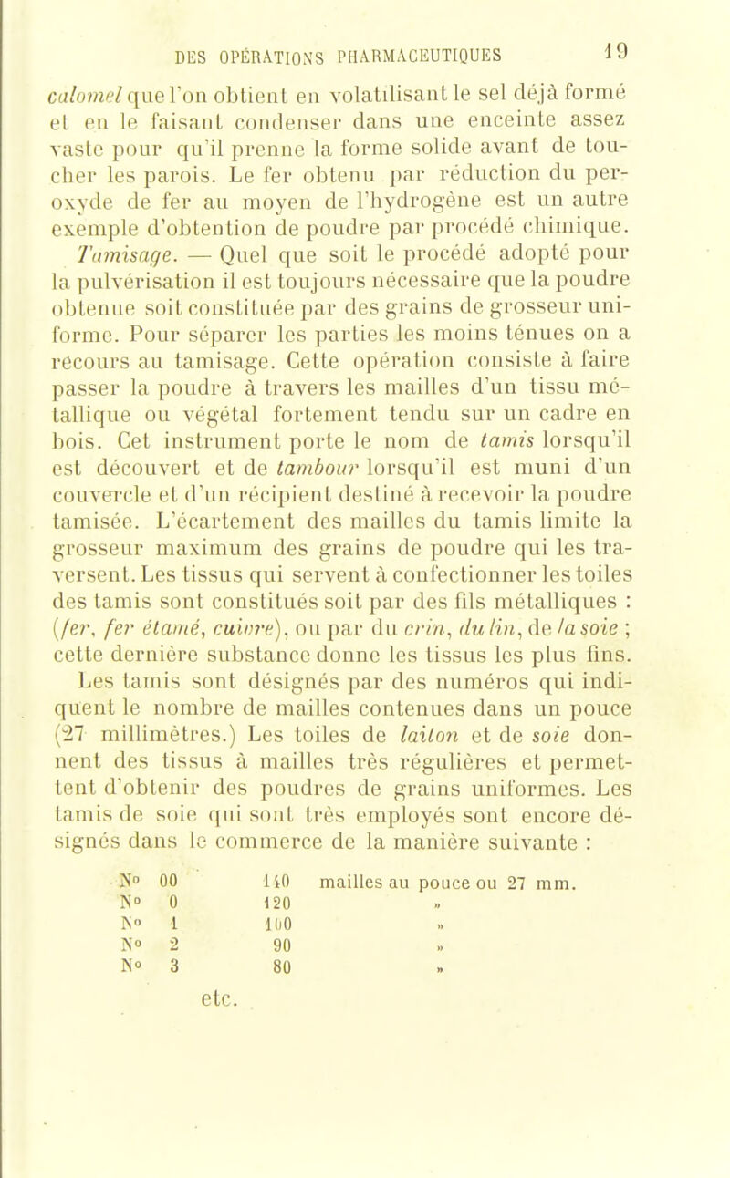 calomel queV on obtienl en volatilisant le sel déjà formé et en le faisant condenser dans une enceinte assez vaste pour qu'il prenne la forme solide avant de tou- cher les parois. Le fer obtenu par réduction du per- oxyde de fer au moyen de l'hydrogène est un autre exemple d'obtention de poudre par procédé chimique. Tamisage. — Quel que soit le procédé adopté pour la pulvérisation il est toujours nécessaire que la poudre obtenue soit constituée par des grains de grosseur uni- forme. Pour séparer les parties les moins ténues on a recours au tamisage. Cette opération consiste à faire passer la poudre à travers les mailles d'un tissu mé- tallique ou végétal fortement tendu sur un cadre en bois. Cet instrument porte le nom de tamis lorsqu'il est découvert et de tambour lorsqu'il est muni d'un couvercle et d'un récipient destiné à recevoir la poudre tamisée. L'écartement des mailles du tamis limite la grosseur maximum des grains de poudre qui les tra- versent. Les tissus qui servent à confectionner les toiles des tamis sont constitués soit par des fds métalliques : [1er, fer étamé, cuim'e)^ ou par du erm, du lin^ de /a soie ; cette dernière substance donne les tissus les plus fins. Les tamis sont désignés par des numéros qui indi- quent le nombre de mailles contenues dans un pouce {21 millimètres.) Les toiles de laiton et de soie don- nent des tissus à mailles très régulières et permet- tent d'obtenir des poudres de grains uniformes. Les tamis de soie qui sont très employés sont encore dé- signés dans le commerce de la manière suivante : 00 liO mailles au pouce ou 27 mm. 0 120 K° 1 100 N» 2 90 3 80 etc.