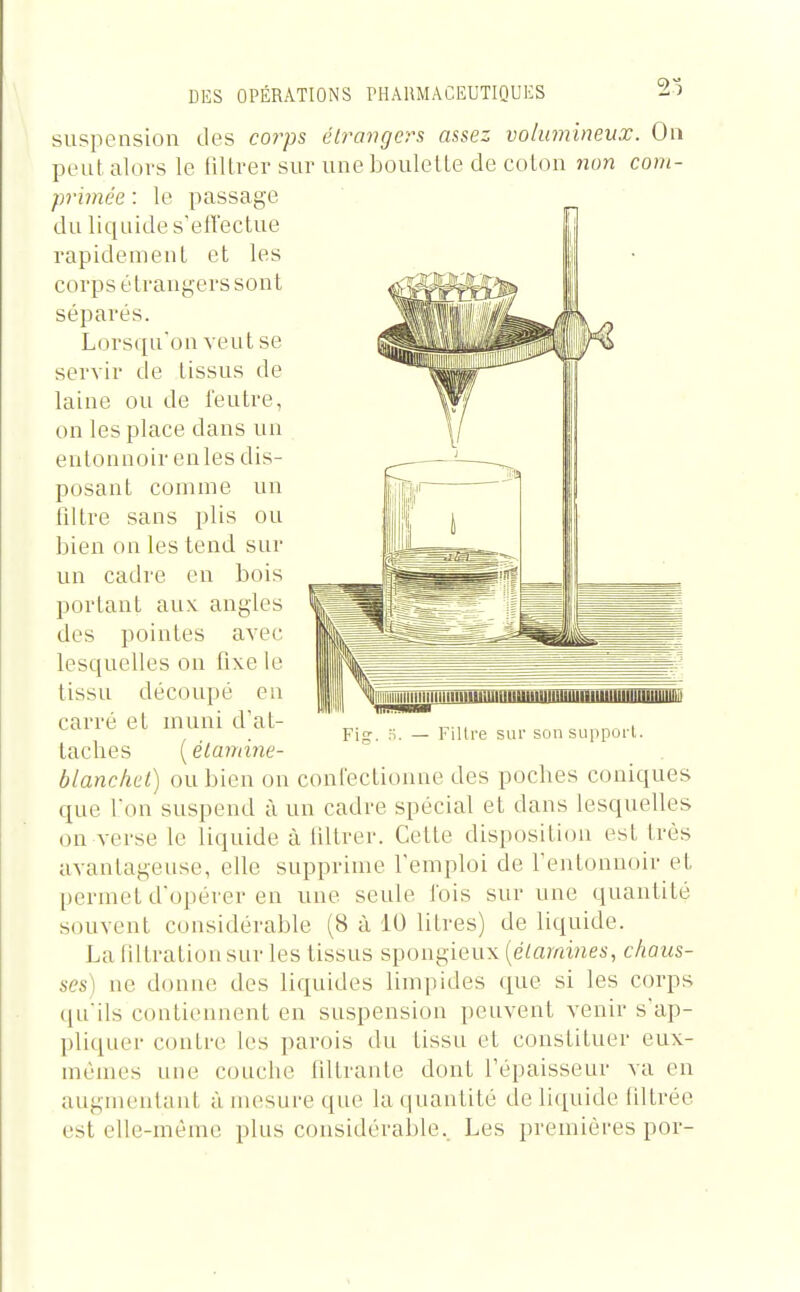 suspension des corps élrangers assez volumineux. On peut alovs le lillrer sur une boulette de coton non com- primée : le passage du liquide s'efl'ectue rapidement et les corps étrangers sont séparés. Lorsqu'on veut se servir de tissus de laine ou de feutre, on les place dans un entonnoir enles dis- posant comme un filtre sans plis ou bien on les tend sur un cadre en bois portant aux. angles des pointes avec lesquelles on fixe le tissu découpé en carré et muni d'at- taches ( élamine- blancket) ou bien on conlectionne des poches coniques que l'on suspend à un cadre spécial et dans lesquelles on verse le liquide à filtrer. Cette disposition est très avantageuse, elle supprime l'emploi de renlonnoir et permet d'opérer en une seule l'ois sur une quantité souvent considérable (8 à 10 litres) de liquide. La fiItration sur les tissus spongieux [élamines, chaus- ses) ne donne des liquides limpides que si les corps ([u'ils contiennent en suspension peuvent venir s'ap- pliquei' contre les parois du tissu et constituer eux- mêmes une couche filtrante dont l'épaisseur va en augmentant à mesure que la quantité de liquide filtrée est elle-même plus considéral)le. Les premières por-