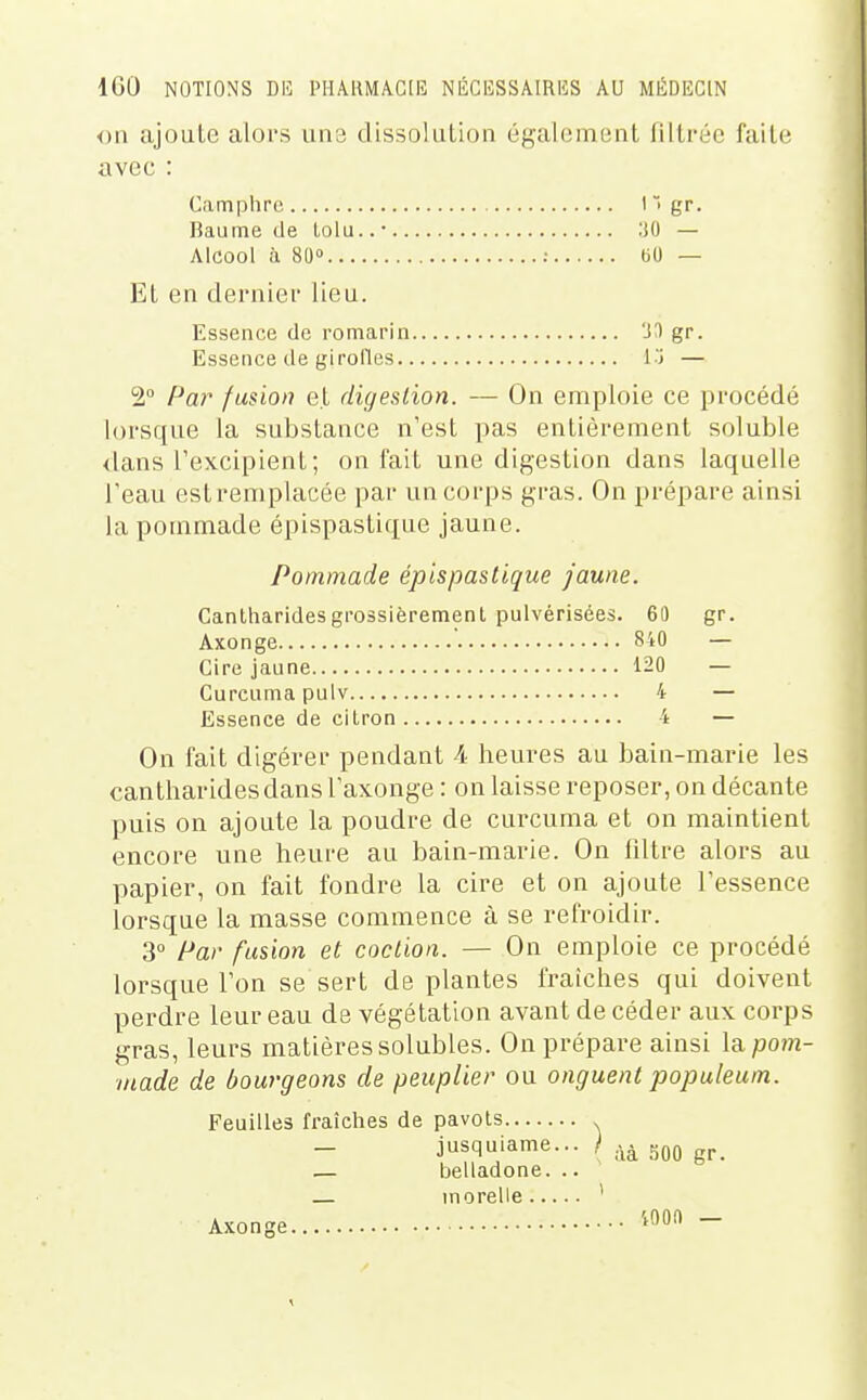 on ajoute aloi's uns dissolution égalomeut filtrée faite avec : Camphre ' ' gr. Baume de Lolu..- .'iO — Alcool à 8U° : OU — Et en dernier lieu. Essence de romarin 'J^ gr. Essence de girofles l-j — 2 Par fusion et digestion. — On emploie ce procédé lorsque la substance n'est pas entièrement soluble dans l'excipient; on fait une digestion dans laquelle l'eau estremplacée par un corps gras. On prépare ainsi la pommade épispastique jaune. Pommade épispastique jaune. Cantharidesgrossièrement pulvérisées. 60 gr. Axonge 840 — Cire jaune 120 — Curcuma pulv 4 — Essence de citron i — On fait digérer pendant A heures au bain-marie les cantharidesdans l'axonge : on laisse reposer, on décante puis on ajoute la poudre de curcuma et on maintient encore une heure au bain-marie. On filtre alors au papier, on fait fondre la cire et on ajoute l'essence lorsque la masse commence à se refroidir. 3° Par fusion et coction. — On emploie ce procédé lorsque l'on se sert de plantes fraîches qui doivent perdre leur eau de végétation avant de céder aux corps gras, leurs matières solubles. On prépare ainsi la joo/tz- made de bourgeons de peuplier ou onguent populeum. Feuilles fraîches de pavots . — jusquiame... / — belladone. .. — inorelle ' Axonge '^«0 -