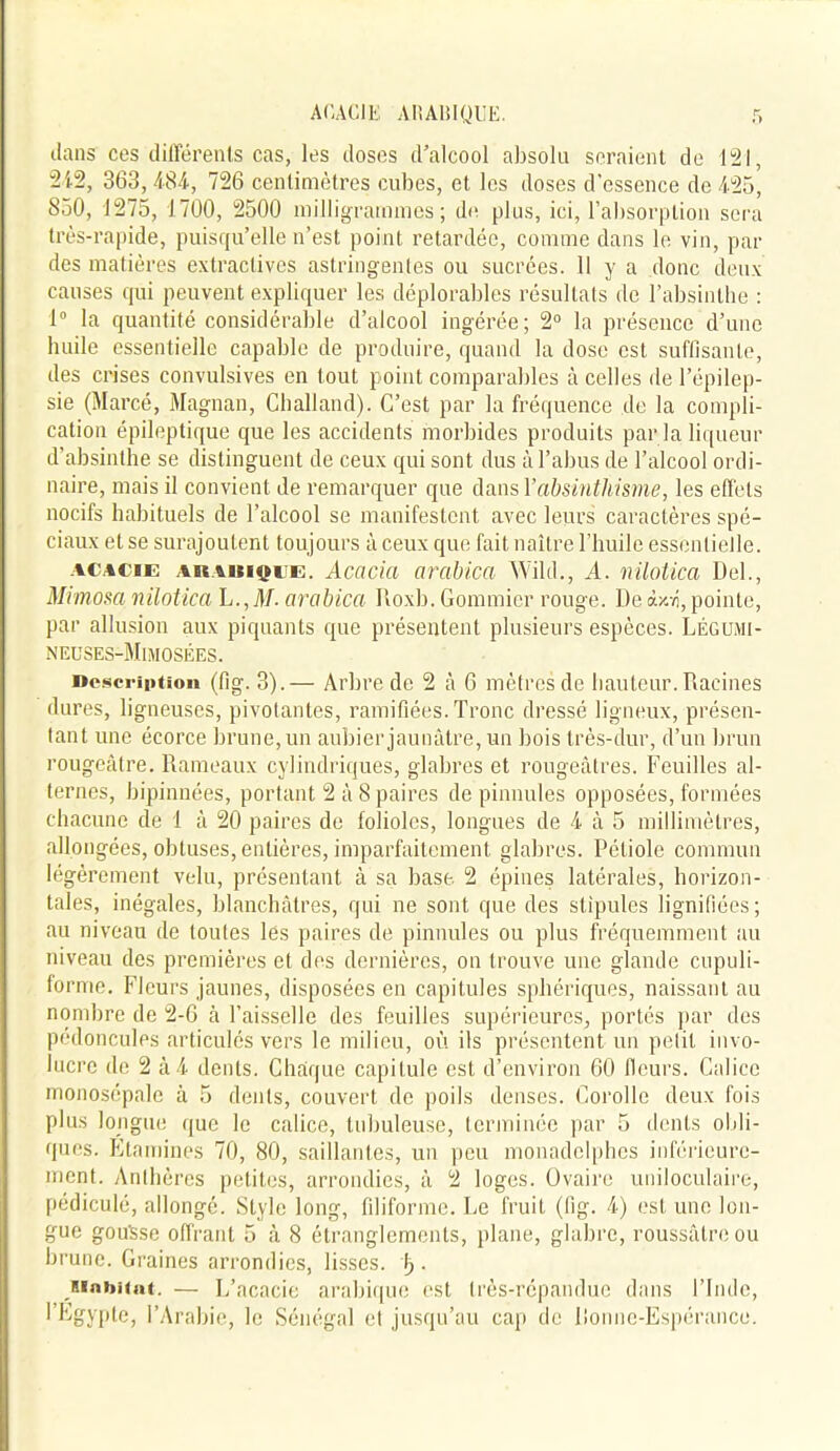 dans ces différents cas, les doses d’alcool absolu seraient de 121, 212, 363, 484, 726 centimètres cubes, et les doses d’essence de 425, 850, 1275, 1700, 2500 milligrammes; de plus, ici, l’absorption sera très-rapide, puisqu’elle n’est point retardée, comme dans le vin, par des matières extractives astringentes ou sucrées. Il y a donc deux causes qui peuvent expliquer les déplorables résultats de l’absinthe : 1° la quantité considérable d’alcool ingérée; 2° la présence d’une huile essentielle capable de produire, quand la dose est suffisante, des crises convulsives en tout point comparables à celles de l’épilep- sie (Marcé, Magnan, Challand). C’est par la fréquence de la compli- cation épileptique que les accidents morbides produits par la liqueur d’absinthe se distinguent de ceux qui sont dus à l’abus de l’alcool ordi- naire, mais il convient de remarquer que dans Y absinthisme, les effets nocifs habituels de l’alcool se manifestent avec leurs caractères spé- ciaux et se surajoutent toujours à ceux que fait naître l’huile essentielle. acacije ahakique. Acacia arabica Wild., A. nilotica Del., Mimosa nilotica L., il/, arabica Roxb. Gommier rouge. De à/4, pointe, par allusion aux piquants que présentent plusieurs espèces. Légumi- necses-Mimosées. Description (fig. 3).— Arbre de 2 à 6 mètres de hauteur. Racines dures, ligneuses, pivotantes, ramifiées. Tronc dressé ligneux, présen- tant une écorce brune, un aubier jaunâtre, un bois très-dur, d’un brun rougeâtre. Rameaux cylindriques, glabres et rougeâtres. Feuilles al- ternes, bipinnées, portant 2 à 8 paires de pinnules opposées, formées chacune de 1 à 20 paires de folioles, longues de 4 à 5 millimètres, allongées, obtuses, entières, imparfaitement glabres. Pétiole commun légèrement velu, présentant à sa base. 2 épines latérales, horizon- tales, inégales, blanchâtres, qui ne sont que des stipules lignifiées; au niveau de toutes lés paires de pinnules ou plus fréquemment au niveau des premières et des dernières, on trouve une glande cupuli- forme. Fleurs jaunes, disposées en capitules sphériques, naissant au nombre de 2-6 à Faisselle des feuilles supérieures, portés par des pédoncules articulés vers le milieu, où ils présentent un petit invo- lucrc de 2 à 4 dents. Chaque capitule est d’environ 60 fleurs. Calice monosépale à 5 dents, couvert de poils denses. Corolle deux fois plus longue que le calice, tubuleuse, terminée par 5 dents obli- ques. Etamines 70, 80, saillantes, un peu monadelphes inférieure- ment. Anthères petites, arrondies, à 2 loges. Ovaire uniloculaire, pédicule, allongé. Style long, filiforme. Le fruit (fig. 4) est une lon- gue gousse offrant 5 à 8 étranglements, plane, glabre, roussâtreou brune. Graines arrondies, lisses, b . KiabHat. — I/acacie arabique est très-répandue dans l’Inde, l’Egypte, l’Arabie, le Sénégal et jusqu’au cap de Donne-Espérance.