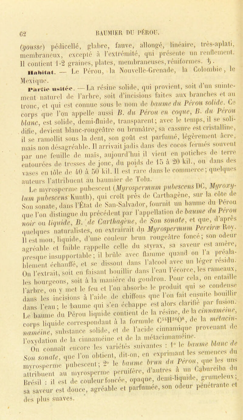 G2 BAUMIErR RU PÉROU. (gousse) pédicellé, glabre, fauve, allongé, linéaire, très-aplati, membraneux, excepté à l’extrémité, qui présente un renllement. 11 contient 1-2 graines, plates, membraneuses, réniformes. b . iiaiiüut. — Le Pérou, la Nouvelle-Grenade, la Colombie, le Mexique. . , i»a,.lie nuitée. —La résine solide, qui provient, soit il un suinte- ment naturel de l’arbre, soit d’incisions faites aux branches et au tronc, et qui est connue sous le nom de baume du Pérou solide. Ce corps’ que l’on appelle aussi B. du Pérou en coque, B. du Pérou blanc, est solide, demi-fluide, transparent; avec le temps, il se soli- difie, devient blanc-rougeâtre ou brunâtre, sa cassure est cristalline, il se’ramollit sous la dent, son goût est parfumé, légèrement âcre, mais non désagréable. Il arrivait jadis dans des cocos fermés souvent par une feuille de maïs, aujourd’hui il vient en potiches de terre entourées de tresses de jonc, du poids de 15 à 20 kil., ou dans des vases en tôle de 40 à 50 kil. Il est rare dans le commerce; quelques auteurs l’attribuent au b,minier de Tolu. Le myrosperme pubescenl (Myrospermum pubescens DC, Myroxtj- lum pubescens Kuntli), qui croît près de Carthagène, sur la côte de Son sonate, dans l’État de San-Salvador, fournit un baume du Pérou nue l’on distingue du précédent par l’appellation de baume du Pérou noir ou liquide, B. de Carthagène, de Son sonate, et que, d apres quelques naturalistes, on extrairait du Myrospermum Pereirœ Roy. Il est mou, liquide, d’une couleur brun rougeâtre fonce; son odeur aoréable et faible rappelle celle du styrax, sa saveur est amère, presque insupportable; il bride avec flamme quand on la preala- îdément échauffé, et se dissout dans l’alcool avec un loger résidu. On l’extrait, soit en faisant bouillir dans l’eau l’écorce les rameaux, les bourgeons, soit à la manière du goudron. Pour cela, on en ai e Parbre on y met le feu et l’on absorbe le produit qui se condense dans lès incisions à l’aide de chiffons que l’on fait ensuite bouillir dans l’eau; le baume qui s’en échappe est alors clarifie pai (mm . Le baume du Pérou liquidé contient de la résine, de la cinnamenu , corps liquide correspondant à la formule de la metacin- Zînèinl substance solide, e. de l’acide cinnamique provenant de Poxvdation de la cinnaméine et de la métacinnamenie. °On connaît encore I.» variétés suivantes : I- le baume Manc , S'o. sonate .tue l’on obtient, .Ml-on, en exprimant les se très du pubescenl ; 2 le Imme Iran du Pérou .,ue les u « attribuent au myrosperme peruifère, d’autres a tut ,l1 IH 1’’ Brésil : il est de couleur foncée, opaque, demi-hquu e, J ‘lx j- sa saveur est douce, agréable et parfumée, son odeur penchante des plus suaves.