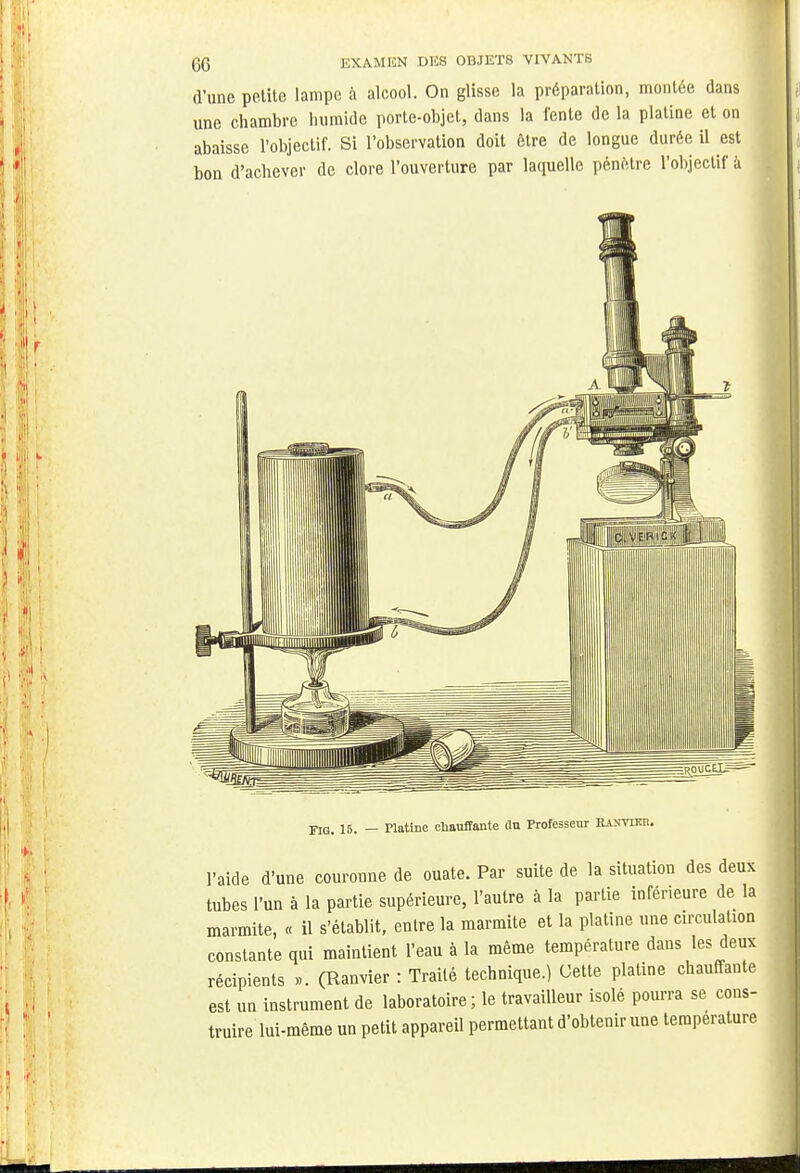 d'une petite lampe à alcool. On glisse la préparation, montée dans une chambre humide porte-objet, dans la fente de la platine et on abaisse l'objectif. Si l'observation doit être de longue durée il est bon d'achever de clore l'ouverture par laquelle pénétre l'objectif à Fiq. 15. — Platine cnauflante du Professeur Easvieh. l'aide d'une couronne de ouate. Par suite de la situation des deux tubes l'un à la partie supérieure, l'autre à la partie inférieure de la marmite, « il s'établit, entre la marmite et la platine une circulation constante qui maintient l'eau à la même température dans les deux récipients ... (Ranvier : Traité technique.) Cette platine chauffante est un instrument de laboratoire ; le travailleur isolé pourra se cons- truire lui-même un petit appareil permettant d'obtenir une température