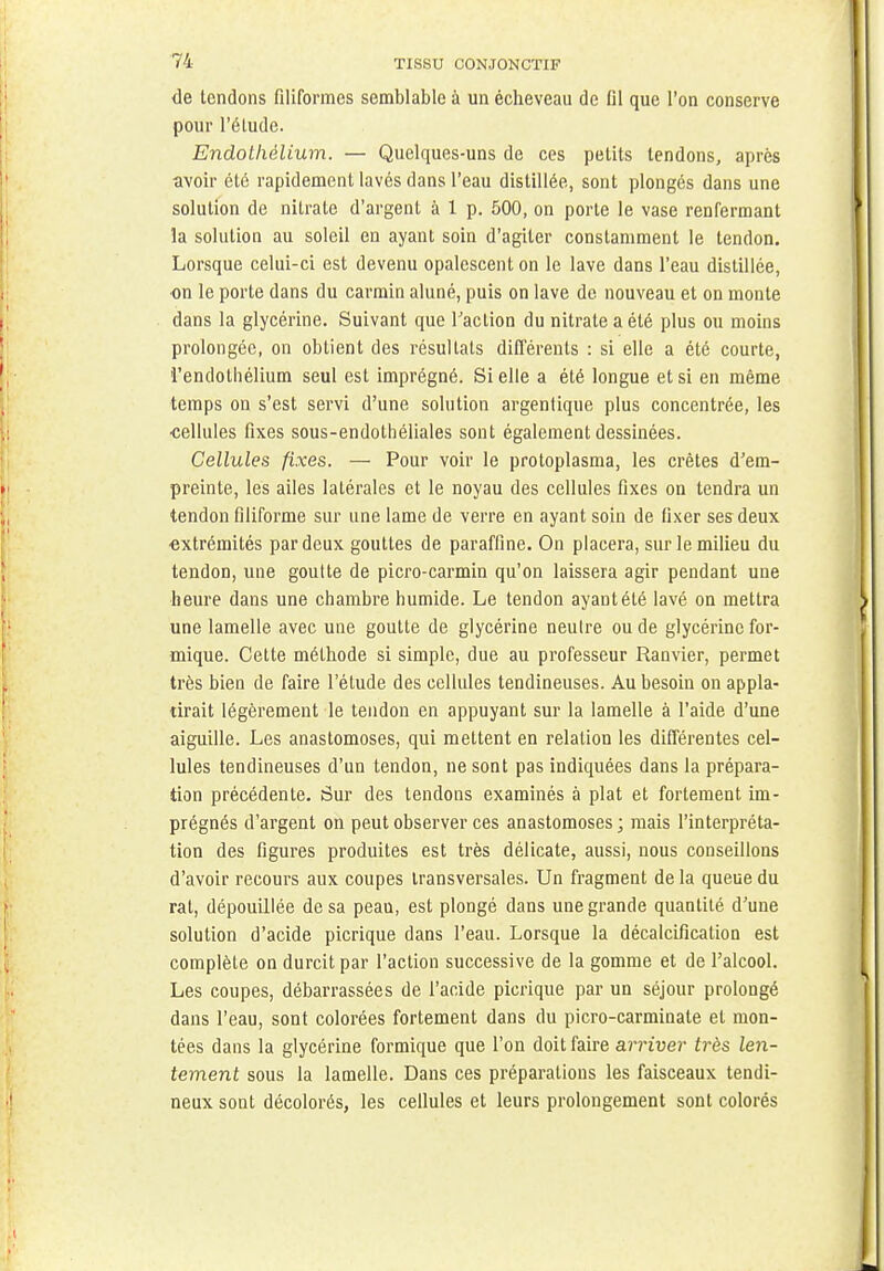 de tendons filiformes semblable à un écheveau de fil que l'on conserve pour l'élude. Endolhélium. — Quelques-uns de ces petits tendons, après avoir été rapidement lavés dans l'eau distillée, sont plongés dans une solution de nitrate d'argent à 1 p. 500, on porte le vase renfermant la solution au soleil en ayant soin d'agiter constamment le tendon. Lorsque celui-ci est devenu opalescent on le lave dans l'eau distillée, on le porte dans du carmin aluné, puis on lave de nouveau et on monte dans la glycérine. Suivant que l'action du nitrate a été plus ou moins prolongée, on obtient des résultats différents : si elle a été courte, i'endothélium seul est imprégné. Si elle a été longue et si en même temps on s'est servi d'une solution argentique plus concentrée, les cellules fixes sous-endothéliales sont également dessinées. Cellules fixes. — Pour voir le protoplasma, les crêtes d'em- preinte, les ailes latérales et le noyau des cellules fixes on tendra un tendon filiforme sur une lame de verre en ayant soin de fixer ses deux extrémités par deux gouttes de paraffine. On placera, sur le milieu du tendon, une goutte de picro-carmin qu'on laissera agir pendant une heure dans une chambre humide. Le tendon ayant été lavé on mettra une lamelle avec une goutte de glycérine neutre ou de glycérine for- mique. Cette méthode si simple, due au professeur Ranvier, permet très bien de faire l'étude des cellules tendineuses. Au besoin on appla- tirait légèrement le tendon en appuyant sur la lamelle à l'aide d'une aiguille. Les anastomoses, qui mettent en relation les différentes cel- lules tendineuses d'un tendon, ne sont pas indiquées dans la prépara- tion précédente. Sur des tendons examinés à plat et fortement im- prégnés d'argent on peut observer ces anastomoses ; mais l'interpréta- tion des figures produites est très délicate, aussi, nous conseillons d'avoir recours aux coupes transversales. Un fragment de la queue du rat, dépouillée de sa peau, est plongé dans une grande quantité d'une solution d'acide picrique dans l'eau. Lorsque la décalcification est complète on durcit par l'action successive de la gomme et de l'alcool. Les coupes, débarrassées de l'acide picrique par un séjour prolongé dans l'eau, sont colorées fortement dans du picro-carminate et mon- tées dans la glycérine formique que l'on doit faire arriver très len- tement sous la lamelle. Dans ces préparations les faisceaux tendi- neux sont décolorés, les cellules et leurs prolongement sont colorés