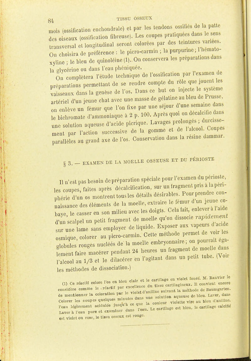 mois (ossification enchondrale) et par les tendons ossifiés de la patte des o seaux (ossification fibreuse). Les coupes pratiquées dans le sens Llversal et longitudinal seront colorées par des taures^ es On choisira de préférence : le picro-carmin ; la purpurine, hem to xylino; le bleu de quinoléine(l).. On conservera les préparations dans la glycérine ou dans l'eau phéniquée. On complétera l'étude technique de l'ossification par l'examen de préparations permettant de se rendre compte du rôle que jouent les aisseaux dan' la genèse de l'os. Dans ce but on injecte le sys^me artériel d'un jeune chat avec une masse de gélatine au bleu de Prusse, on enlève un fémur que l'on fixe par une séjour d une semaine dans bichromate d'ammoniaque à 2 p. 100. Après quoi on decalc.fie da s une solution aqueuse d'acide picrique. Lavages prole ment par l'action successive de la gomme et de 1 alcool Coupes parallèles au grand axe de l'os. Conservation dans la resme dammar. § 3. - EXAMEN DE LA MOELLE OSSEUSE ET DU PÉRIOSTE Il n'est pas besoin de préparation spéciale pour l'examen du périoste, les coupes' faites après décalcification, sur un fragment pris a la peri- phérie d'un os montrent tousles détails désirables. Pour prendre con- naissance des éléments de la moelle, extraire le fémur d'un jeun co- bee casser en son milieu avec les doigts. Cela fait enlever a l'aide d'un scalpel un petit fragment de moelle qu'on dissocie rudement lr une lame sans employer de liquide. Exposer aux vapeurs d acide o mique colorer au picro-carmin. Cette méthode permet de voir les 2rouges nucléôs de la moelle embryonnaire; on pourrait ega- Tentn aire macérer pendant 24 heures un fragment de; moelle dan ,'aTcool au 1/3 et le dilacérer en l'agitant dans un petit tube. (Von les méthodes de dissociation.) ,., „i„(r Pt le cartilage en violet foncé. M. Kanvier le » Ce r&CHt Cr ^Twll i^^™- n convient encore considère comme le .réactif par weelen suivnnt la méthode de Baumgnrten. de mentionner la coloration par le violet d aniline « v ^ Colorer les coupes quelques minutes, ™— 2tte vire au mou a auHinc. Veau légèrement acidulée 3usqV* ce que la — ^ calcifl, Laver à l'eau pure et examiner dans leau. Le caru ng est violet ou rose, le tissu osseux est rouge.