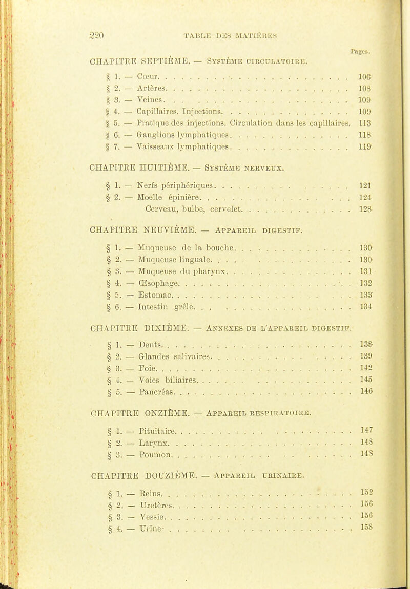 Pages. CHAPITRE SEPTIÈME. — Système circulatoire. | 1. — Cœur 100 | | 2. — Artères 108 •[ | 3. — Veines 109 | 4. — Capillaires, Injections 109 i §5. — Pratique des injections. Circulation dans les capillaires. 113 | G. — Ganglions lymphatiques 118 JJ % 7. — Vaisseaux lymphatiques 11& CHAPITRE HUITIÈME. — Système nehveux. i § 1. — Nerfs périphériques 121 § 2. — Moelle êphuère 121 Cerveau, bulbe, cervelet 12S M CHAPITRE NEUVIÈME. — Appareil digestif. § 1. — Muqueuse de la bouche 130 § 2. — Muqueuse linguale 130' § 3. — Muqueuse du pharynx 131 H - § 4. — Œsophage •. . 132 m § 5. — Estomac ' . . . 133 § 6. — Intestin grêle 134 CHAPITRE DIXIÈME. — Annexes de l'appareil digestif. § 1. — Dents 13S § 2. — Glandes salivaires 139 § 3. — Foie 142 § 4. — Voies biliaires 145 [,, • § 5. — Pancréas 146 CHAPITRE ONZIÈME. — Appareil respihatoiue. § 1. — Pituitaire 147 § 2. — Larynx 148 !v; § 3. — Poumon 14S CHAPITRE DOUZIÈME. — Appareil urinaire. Ri! § 1. — Reins * . . . - 152 ,r, § 2. — Uretères I56 § 3. — Vessie 156 § 4. — Urine- 158