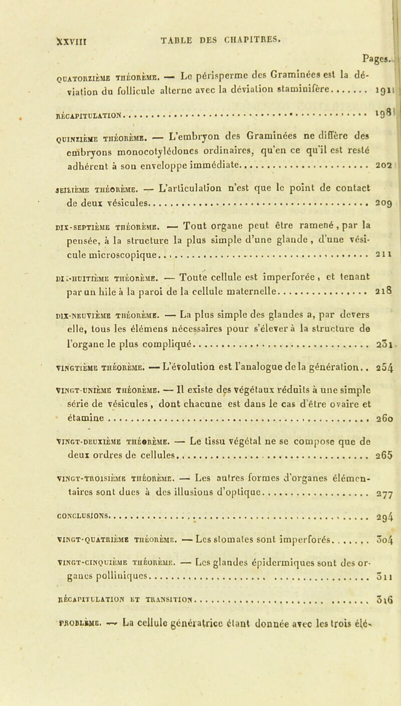 Pagcs.ü I OUATonziÈME THÉonÈME. — Lc pdiispeimc des Graminées est la dé- I viation du follicule allcrnc avec la dcvialion staminifère 19 n j RÉCAPITULA.TION QUINZIEME THEOREME* L Ginliryon. des Grflminées ne diffcrc des embryons monocolylédones ordinaires, qu’en ce qu’il est resté adhérent à sou enveloppe immédiate 202 3EI2.IÈME THÉORÈME. — L’arliculalîon n’est que le point de contact de deux vésicules 209 DIX-SEPTIÈME THÉORÈME. — Tout Organe peut être ramené, par la pensée, à la structure la plus simple d’une glande, d’une vési- cule microscopique. 211 w^huitièmb THÉORÈME. — Toutc ccllulc cst impcrforée i et tenant par un hile à la paroi de la cellule maternelle 218 DIX-NEUVIÈME THÉORÈME. — La plus simple des glandes a, par devers elle, tous les élémens nécessaires pour s’élèvera la structure de l’organe le plus compliqué . 231. VINGTIÈME THÉORÈME. — L’évolutiou cst l’analogue delà génération.. 254 ViNGT-UHiÈME THÉORÈME. — Il existe dcs végétaux réduits à une simple série de vésicules , dont chacune est dans le cas d’être ovaire et étamine 360 VINGT-DEUXIÈME THÉORÈME. — Le lissu Végétal ne se compose que de deux ordres de cellules 265 VINGT-TROISIÈME THÉORÈME. — Les autrcs formes d’organes élémen- taires sont dues à des illusious d’optique 277 CONCLUSIONS 294 VINGT-QUATRIÈME THÉORÈME.—Lcs stomatcs soiit imperforés ôo4 VINGT-CINQUIÈME tuèorème. — Lcs glaudcs épidermiques sont des or- ganes polliuiqucs 5ii récapitulation et transition 5i6 rjtoBLÈME. —' La cellule génératrice étant donnée avec les trois élé-