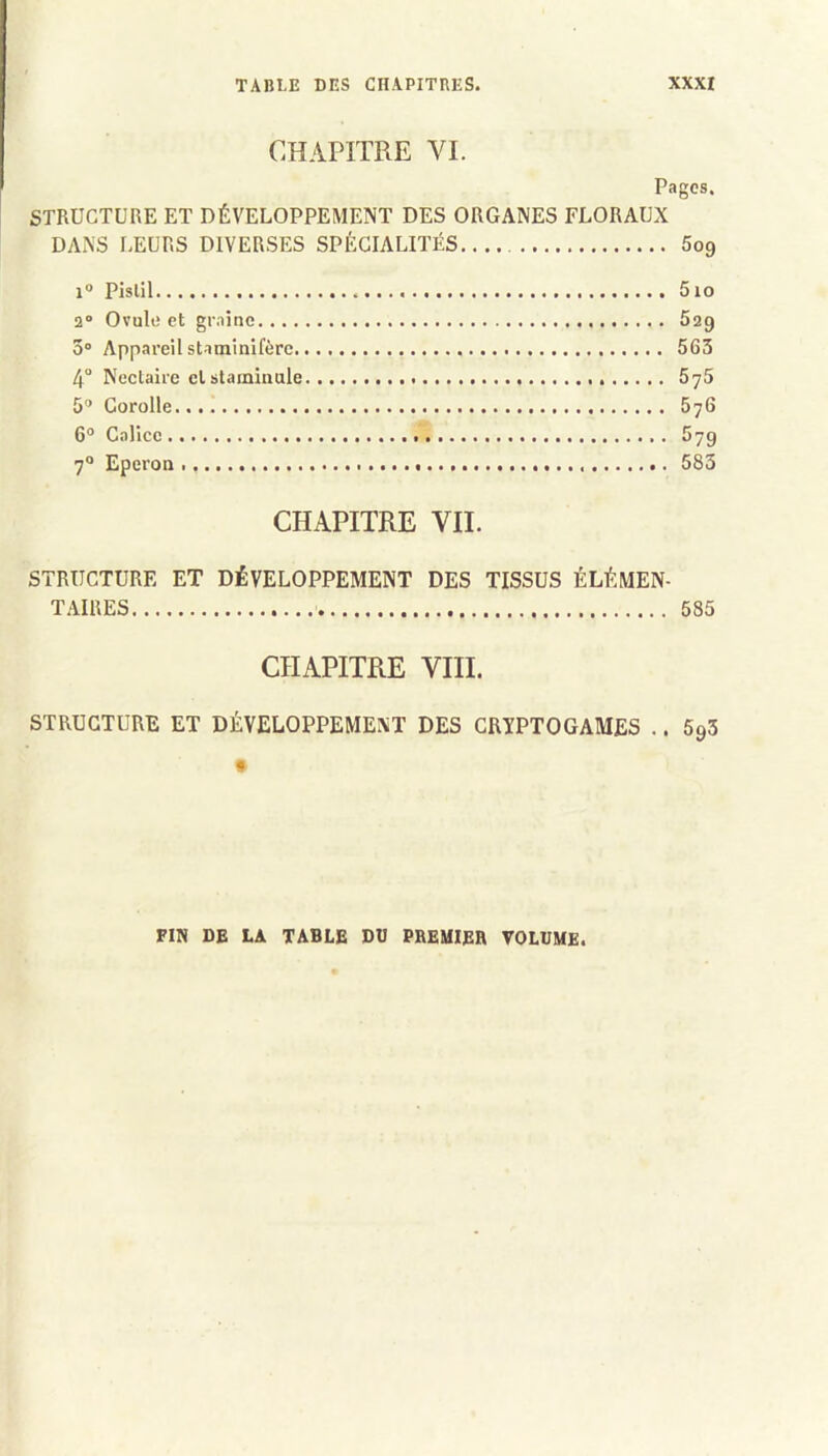 CHAPITRE VI. Pages. STRUCTURE ET DÉVELOPPEMENT DES ORGANES FLORAUX DANS LEURS DIVERSES SPÉCIALITÉS 609 1° Pislil 510 2® Ovule et giainc 629 3® Appareil staminifère 563 4° Nectaire clstainiaule 5y5 5® Corolle 676 6° Calice 679 7° Eperon 583 CHAPITRE VII. STRUCTURE ET DÉVELOPPEMENT DES TISSUS ÉLÉMEN- TAIRES 585 CHAPITRE VIII. STRUCTURE ET DÉVELOPPEMENT DES CRYPTOGAMES .. SgS FIN DE LA TABLE DU PREMIER VOLUME.