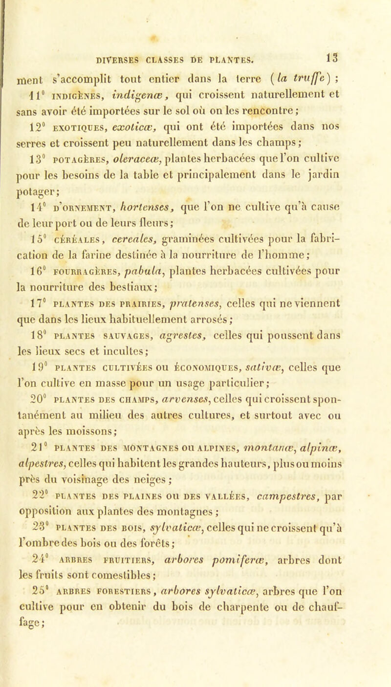 nient s’accomplit tout entier clans la terre {la truffe); 11“ INDIGÈNES, indi^enæ, c|ui croissent naturellement et sans avoir été importées sur le sol où on les rencontre; 12“ EXOTIQUES, exolicæ, qui ont été importées dans nos serres et croissent peu naturellement dans les champs ; 13“ POTAGÈRES, o/eraceo;, plantes herbacées que l’on cultive pour les besoins de la table et principalement dans le jardin potager; 14“ d’orneaient, horlenses, que l’on ne cultive qu’a cause de leur port ou de leurs fleurs; 15“ CÉRÉALES, céréales, gi’aminées cultivées pour la fabri- cation de la farine destinée h la nourriture de l’homme; 16“ FOURRAGÈRES, pabutu, plautcs herbacées cultivées pour la nourriture des bestiaux; 17“ PLANTES DES PRAIRIES, pjntcnses, cellcs qui ne viennent que dans les lieux habituellement arrosés ; 18“ PLANTES SAUVAGES, agrcstcs, cellos qui pousseut dans les lieux secs et Incultes; 19“ PLANTES CULTIVÉES ou ÉcoNOAiiQUES, scii/’vrt;, Celles que l’on cultive en masse pour un usage particulier ; 20“ PLANTES DES CHAMPS, Celles qui croissent spon- tanément au milieu des autres cultiu’es, et surtout avec ou après les moissons; 21“ PLANTES DES MONTAGNES OU ALPINES, alpestres, celles qui habitent les grandes hauteurs, plusou moins près du voisinage des neiges ; 22“ PLANTES DES PLAINES OU DES VALLÉES, cumpestrcs, par opposition aux plantes des montagnes ; 23“ PLANTES DES BOIS, Celles qul lie Croissent qu’à l’ombre des bois ou des forêts; 24“ ARBRES FRUITIERS, urbores pomiferœ, arbres dont les fruits sont comestibles ; 25“ ARBRES FORESTIERS, arbores sylvalicœ, arbres que l’on cultive pour en obtenir du bois de charpente ou de chauf- fage ;